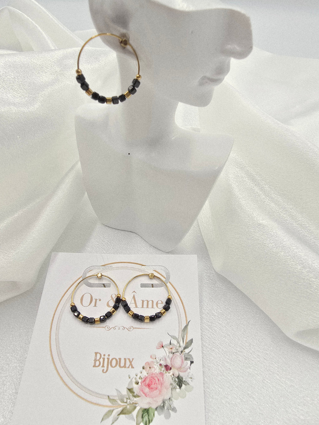 Créoles TIDJI – Onyx Noir ou Tourmaline Colorée