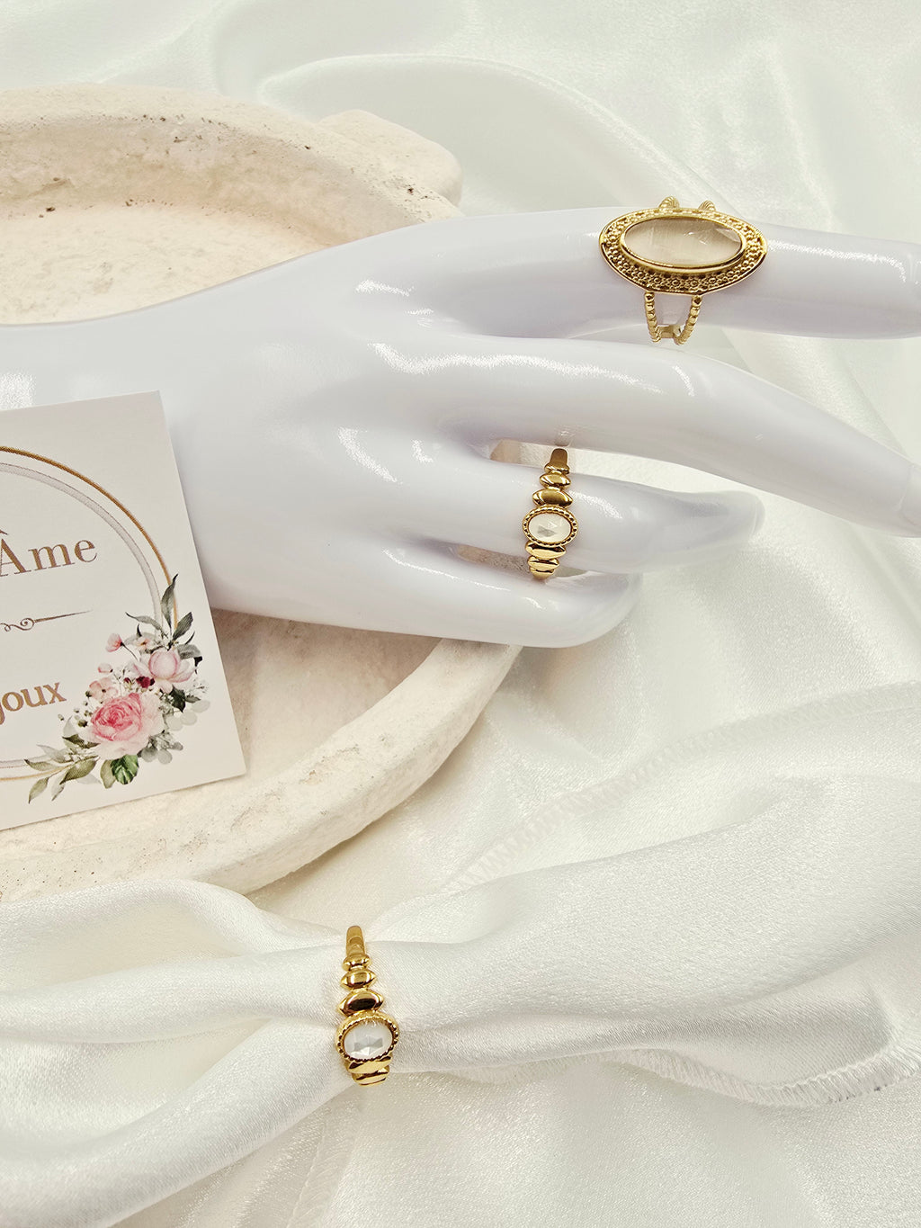 Bague SOLENE – Nacre, Quartz Fraise, Amazonite, Améthyste ou Onyx