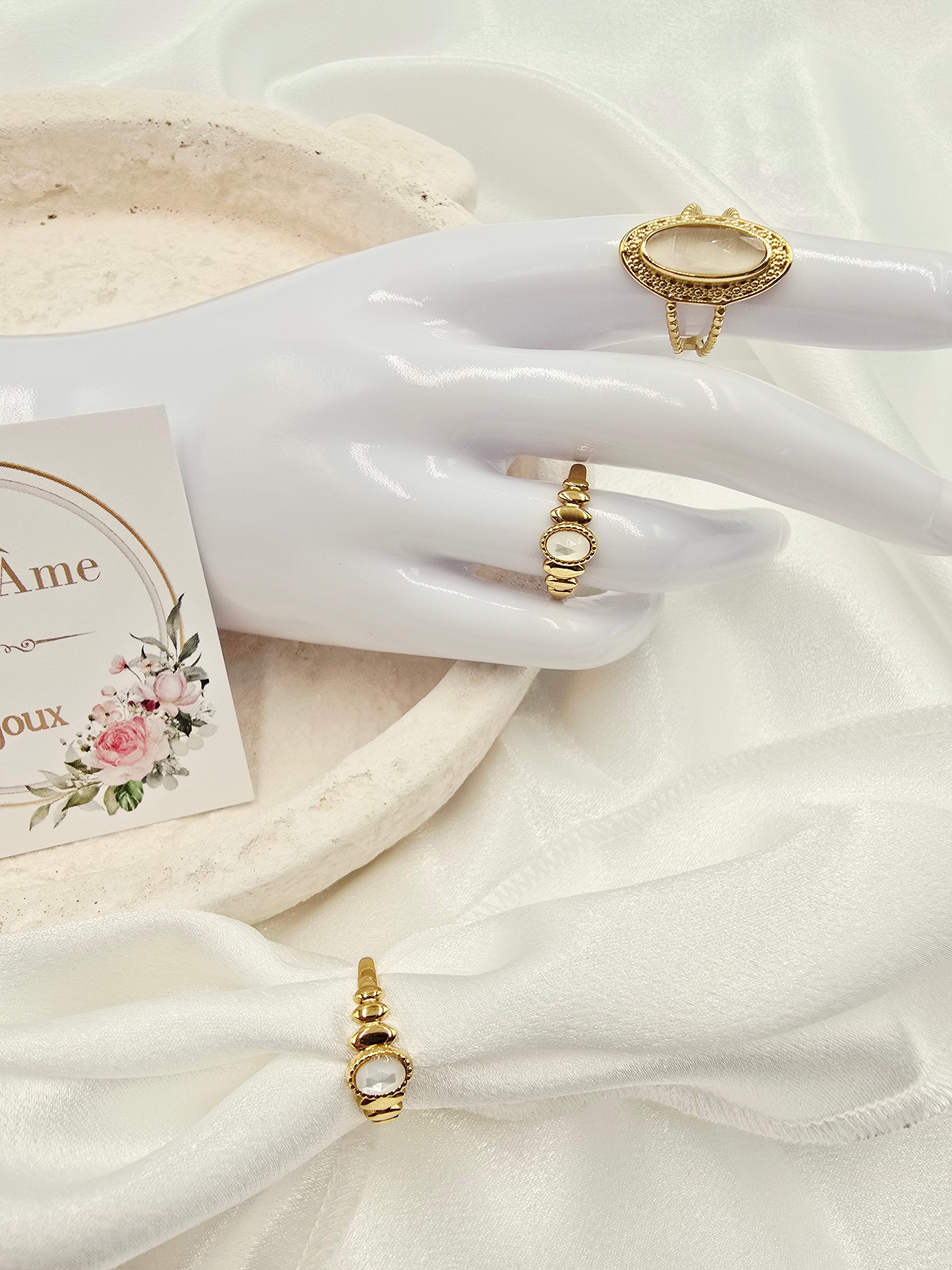 Bague SOLENE – Nacre, Quartz Fraise, Amazonite, Améthyste ou Onyx