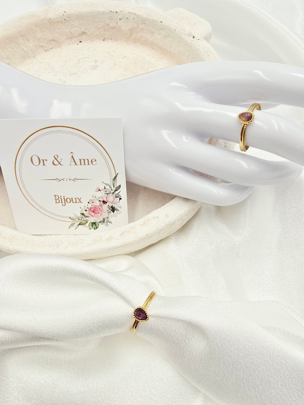 Bague SANDRA – Nacre, Améthyste, Quartz Fraise ou Apatite