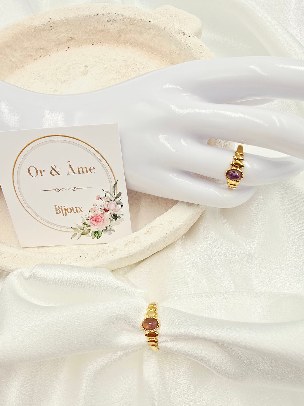 Bague SOLENE – Nacre, Quartz Fraise, Amazonite, Améthyste ou Onyx