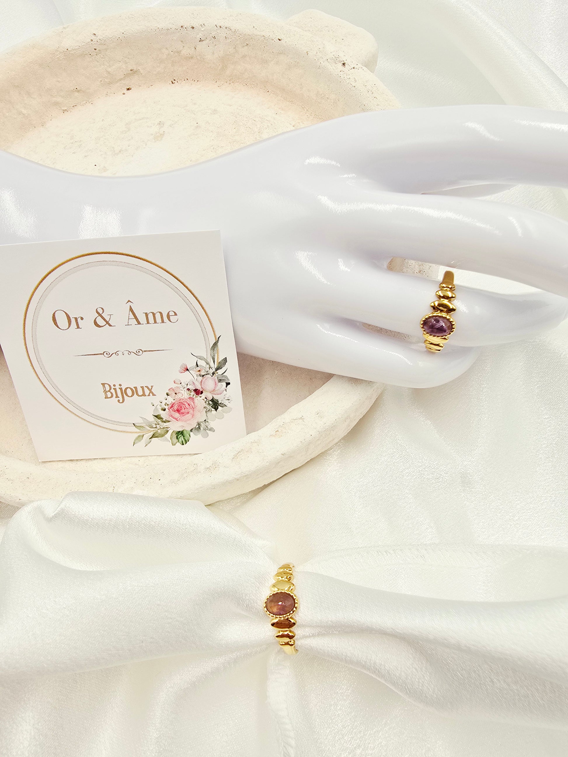 Bague SOLENE – Nacre, Quartz Fraise, Amazonite, Améthyste ou Onyx