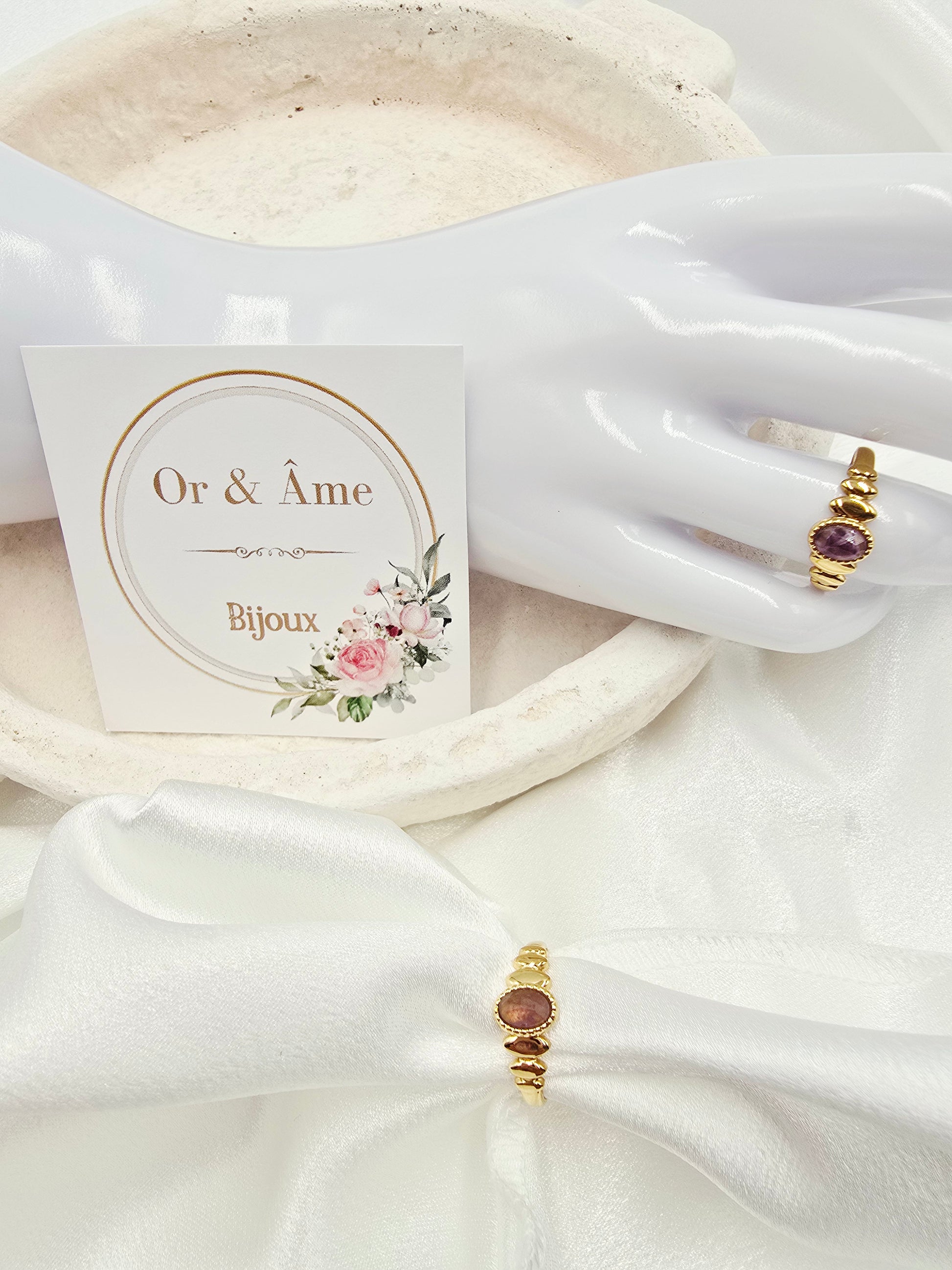 Bague SOLENE – Nacre, Quartz Fraise, Amazonite, Améthyste ou Onyx