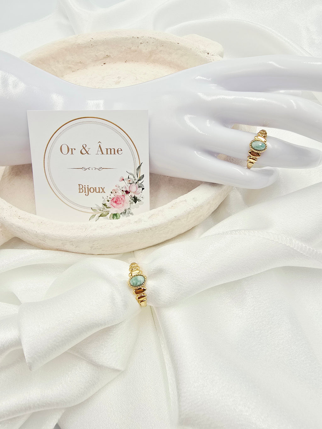 Bague SOLENE – Nacre, Quartz Fraise, Amazonite, Améthyste ou Onyx