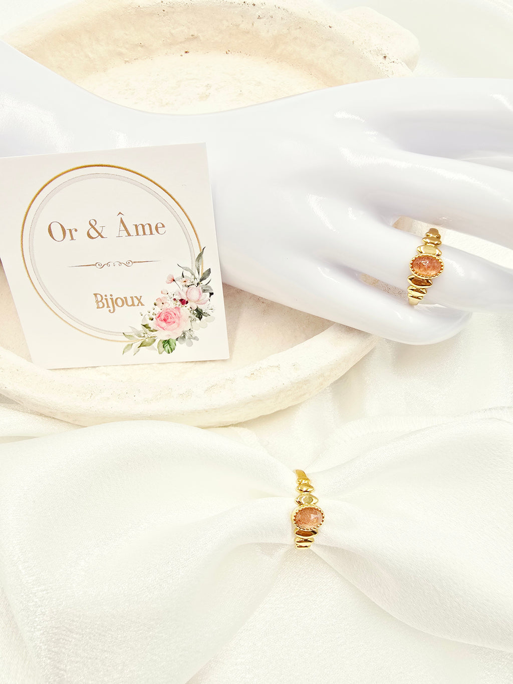 Bague SOLENE – Nacre, Quartz Fraise, Amazonite, Améthyste ou Onyx