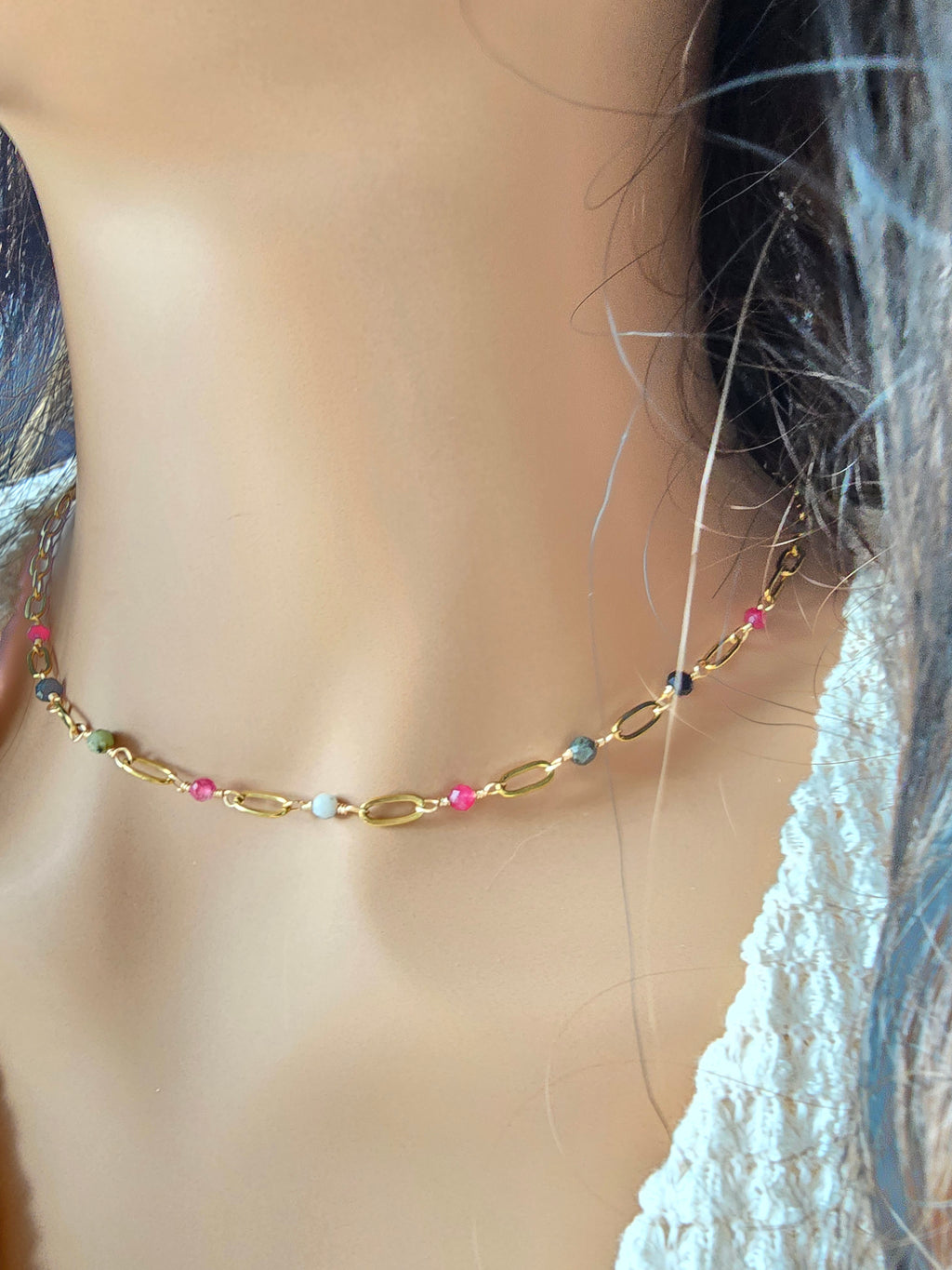 Collier Émane – Turquoise Africaine & Tourmaline | Acier Doré