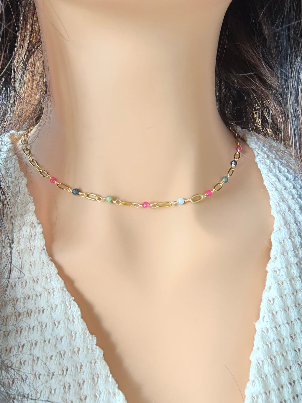 Collier Émane – Turquoise Africaine & Tourmaline | Acier Doré