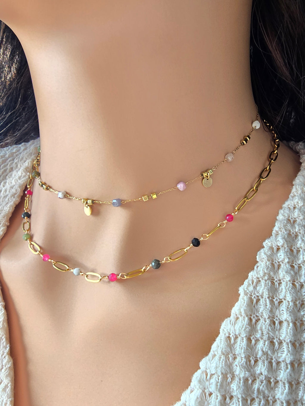 Collier Émane – Turquoise Africaine & Tourmaline | Acier Doré