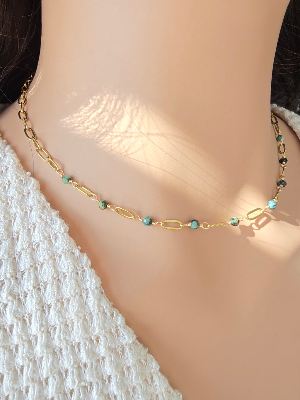 Collier Émane – Turquoise Africaine & Tourmaline | Acier Doré