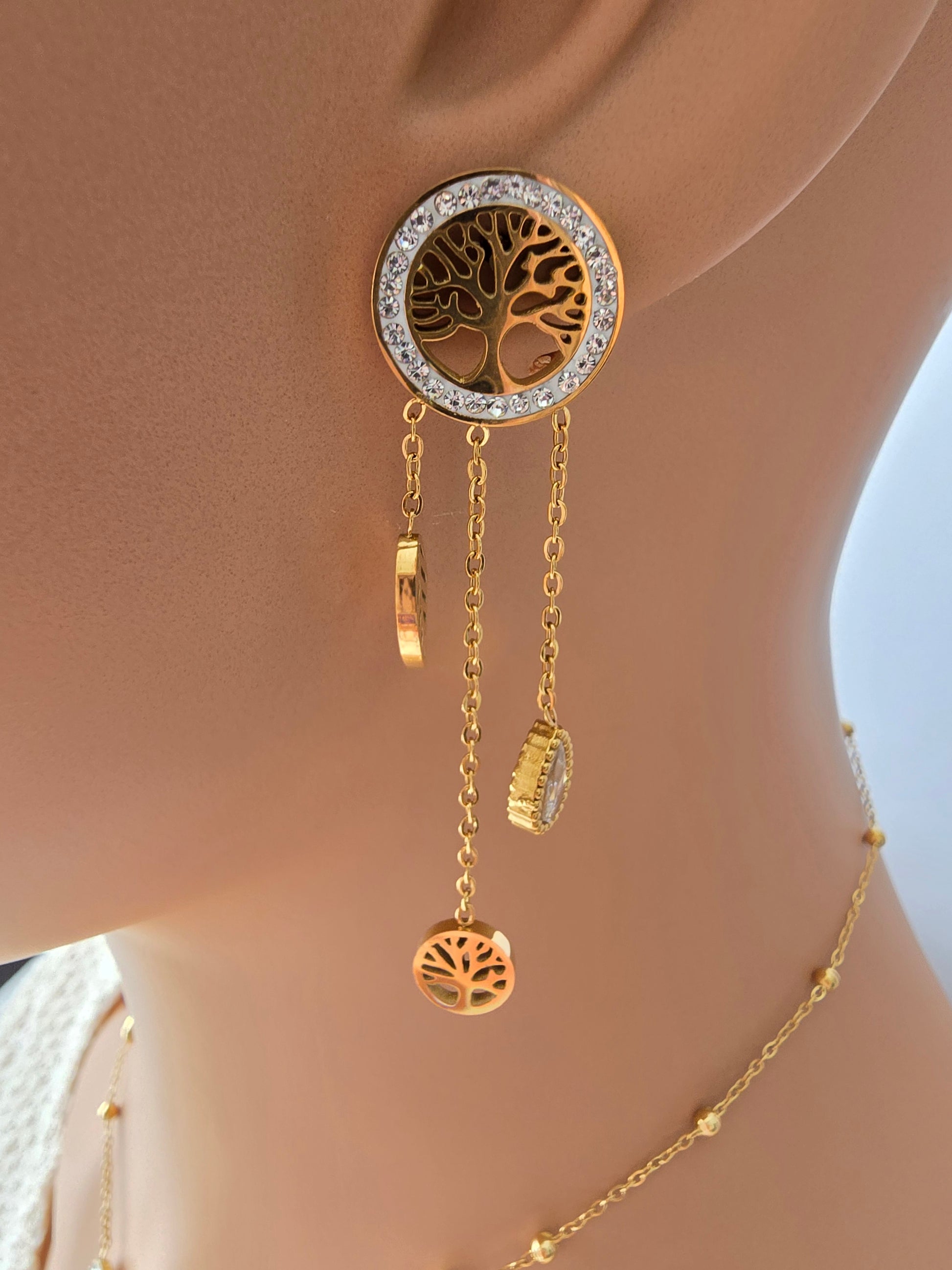 Boucles d'Oreilles Rosa — Arbre de Vie Doré & Pendentifs Cascade