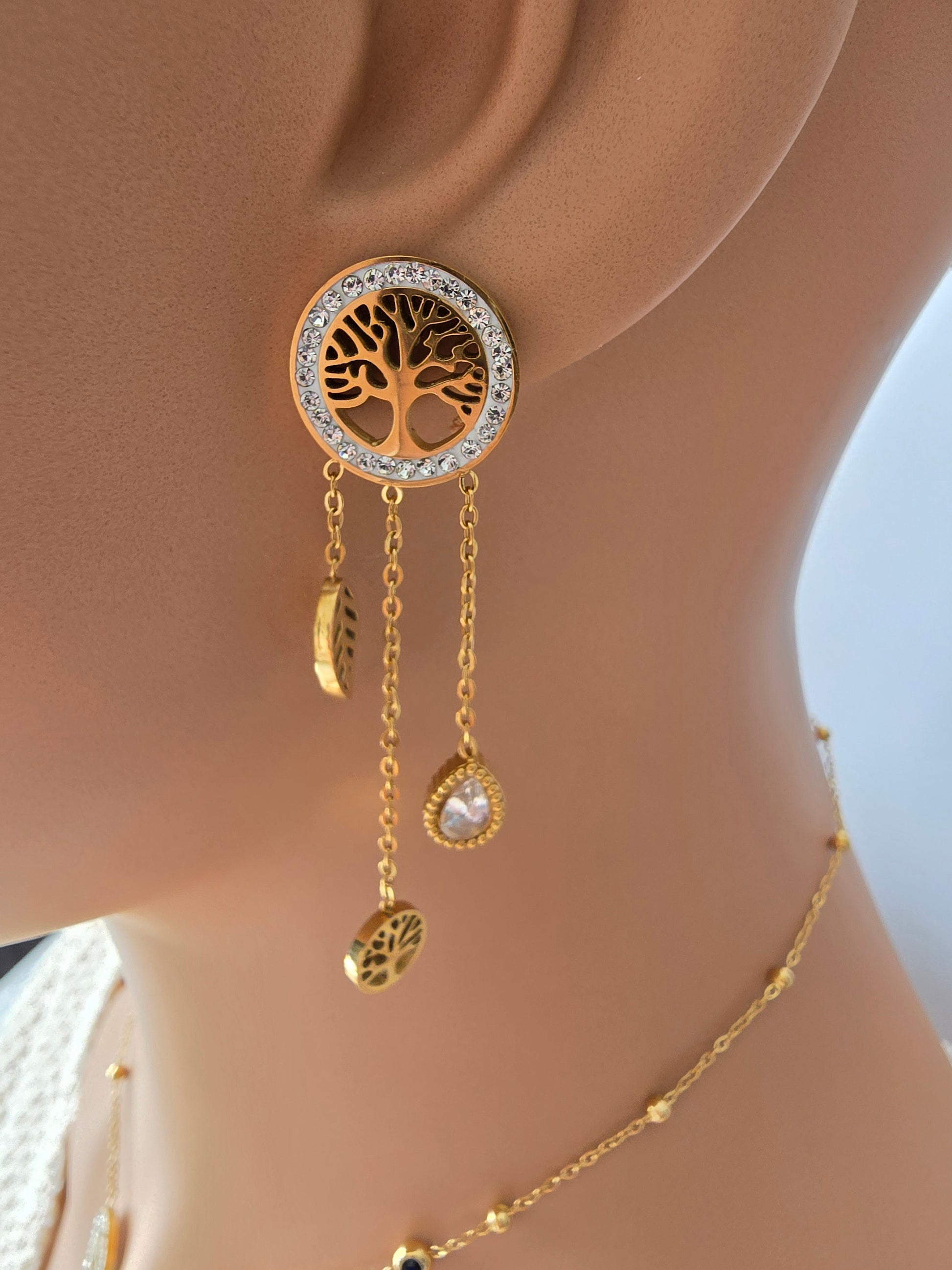 Boucles d'Oreilles Rosa — Arbre de Vie Doré & Pendentifs Cascade