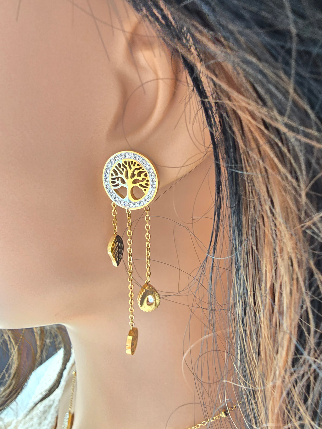 Boucles d'Oreilles Rosa — Arbre de Vie Doré & Pendentifs Cascade