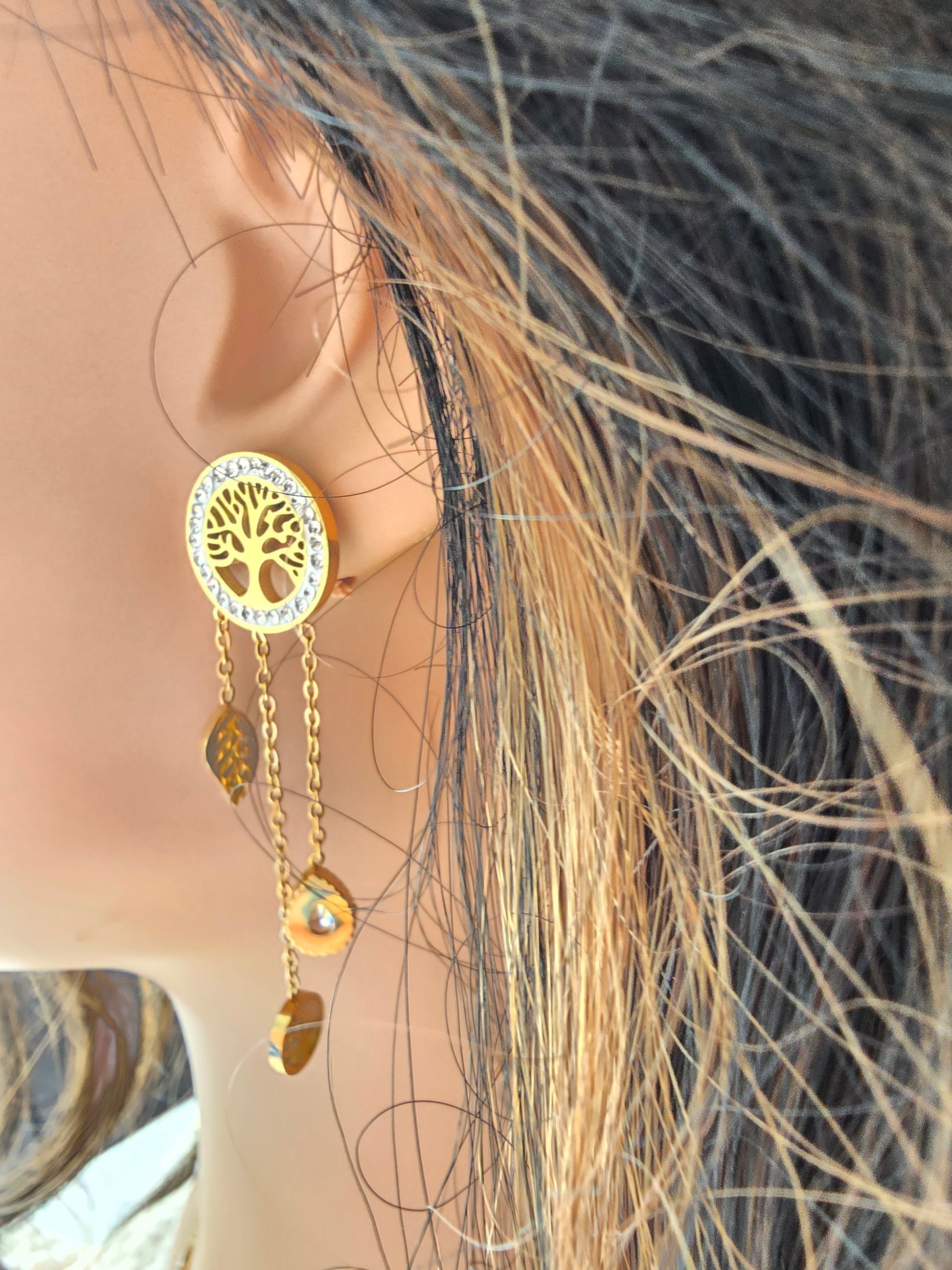 Boucles d'Oreilles Rosa — Arbre de Vie Doré & Pendentifs Cascade