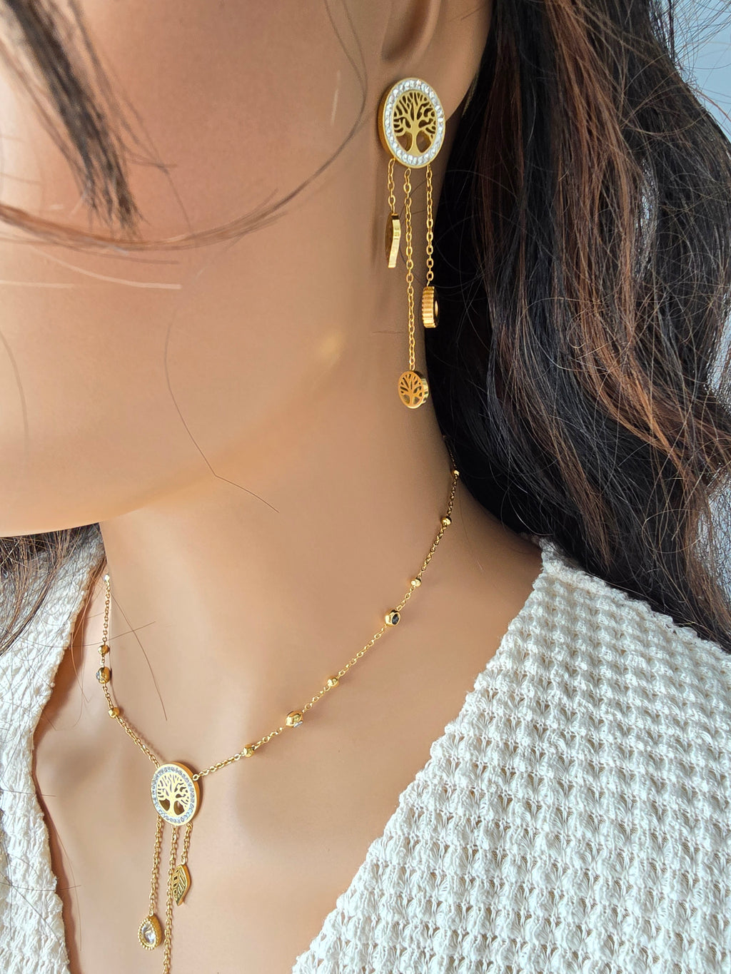 Boucles d'Oreilles Rosa — Arbre de Vie Doré & Pendentifs Cascade