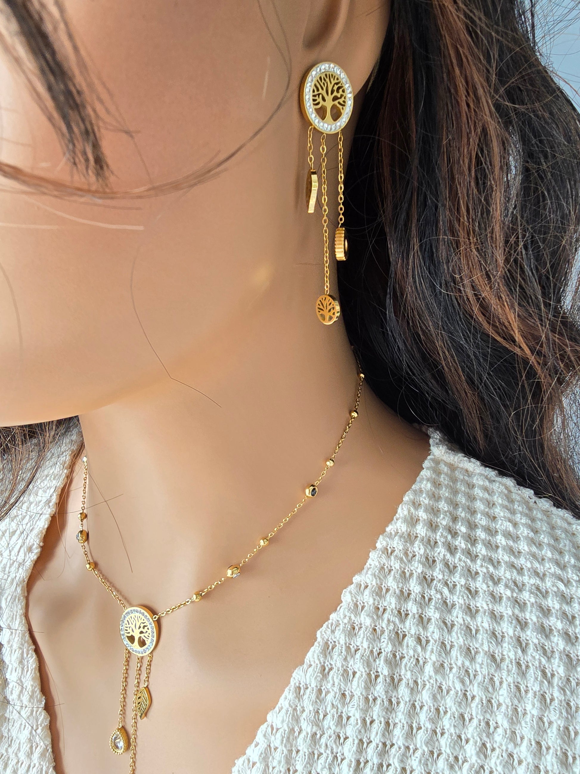 Boucles d'Oreilles Rosa — Arbre de Vie Doré & Pendentifs Cascade