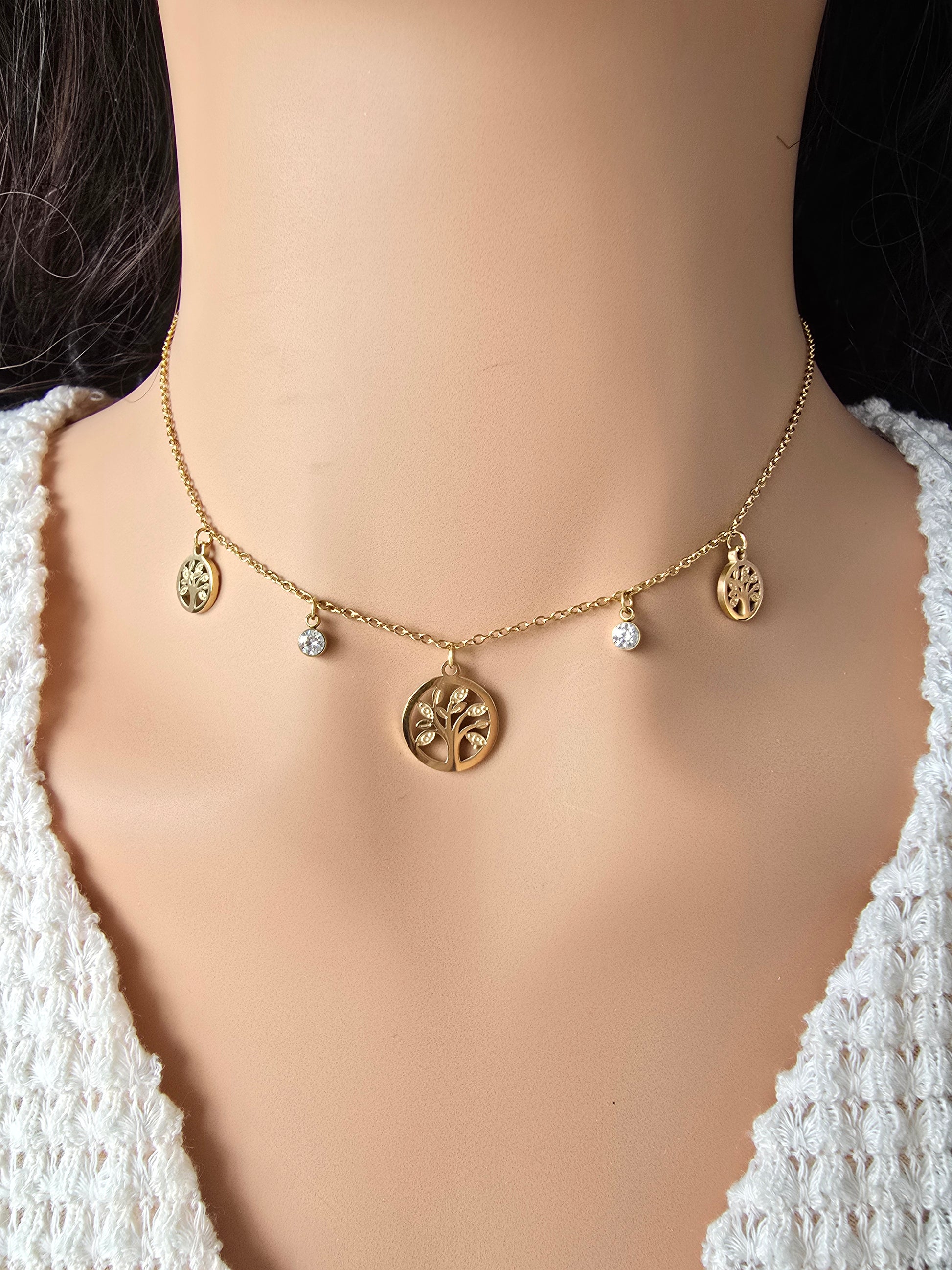 Collier Ena — 5 Breloques Arbre de Vie & Cristaux • Acier Inoxydable Doré