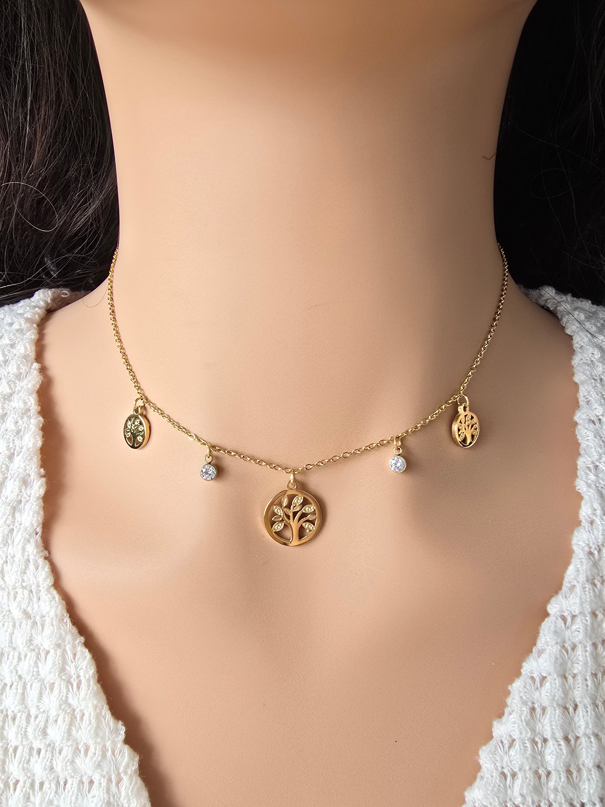 Collier Ena — 5 Breloques Arbre de Vie & Cristaux • Acier Inoxydable Doré