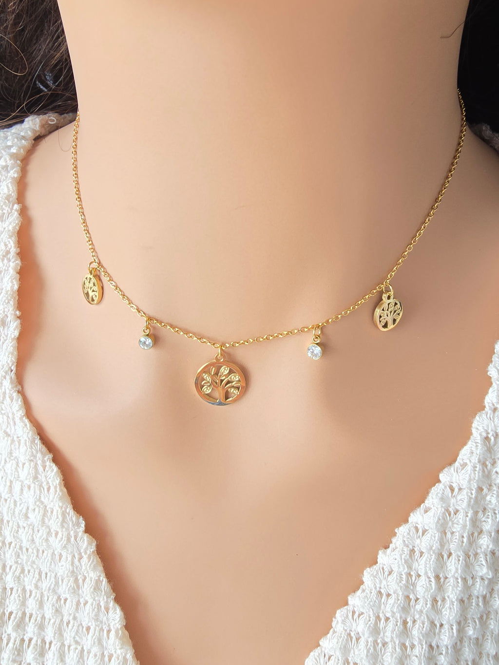 Collier Ena — 5 Breloques Arbre de Vie & Cristaux • Acier Inoxydable Doré