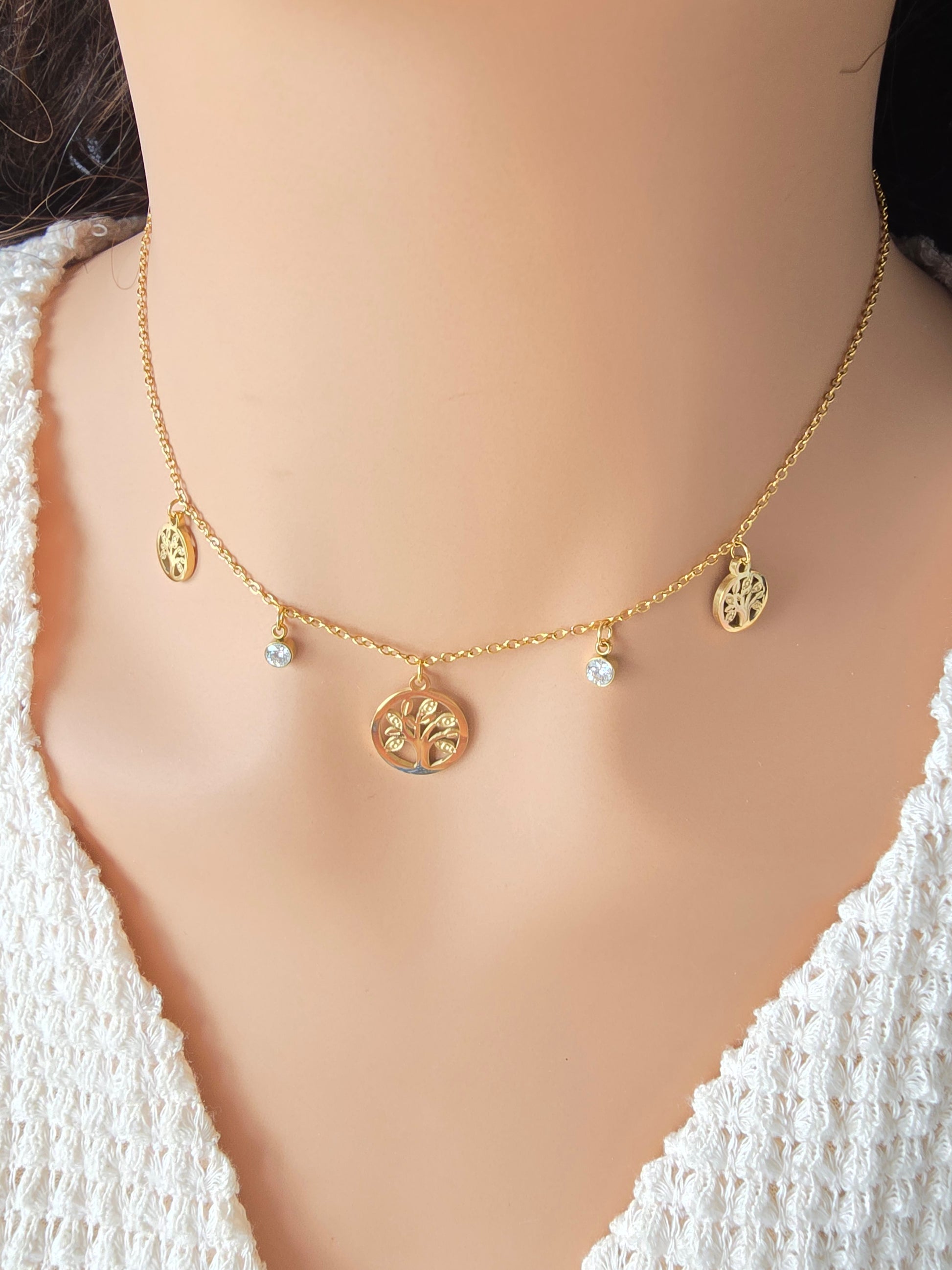 Collier Ena — 5 Breloques Arbre de Vie & Cristaux • Acier Inoxydable Doré