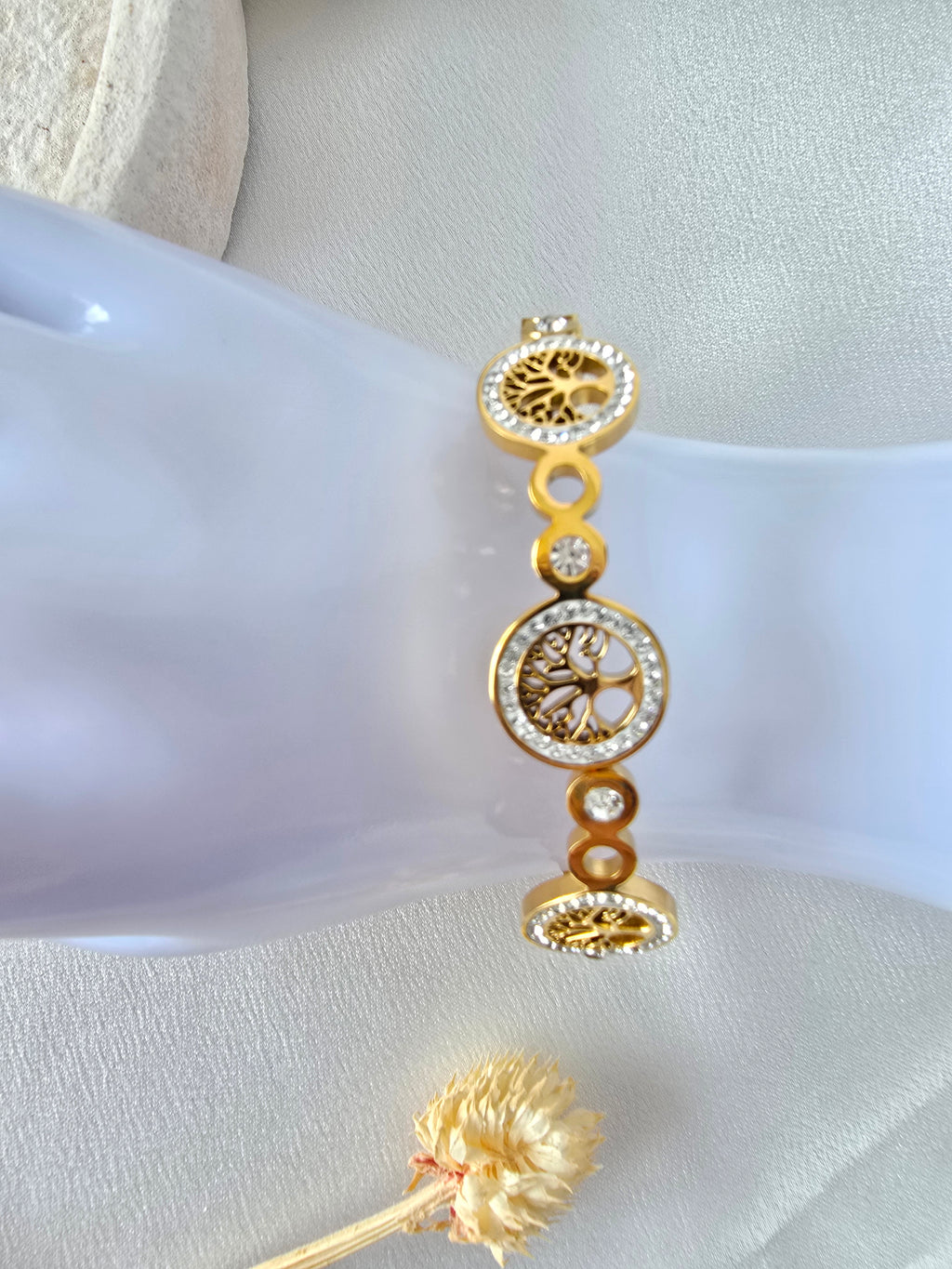Jonc Line — 3 Arbres de Vie Sertis Strass • Acier Inoxydable Doré