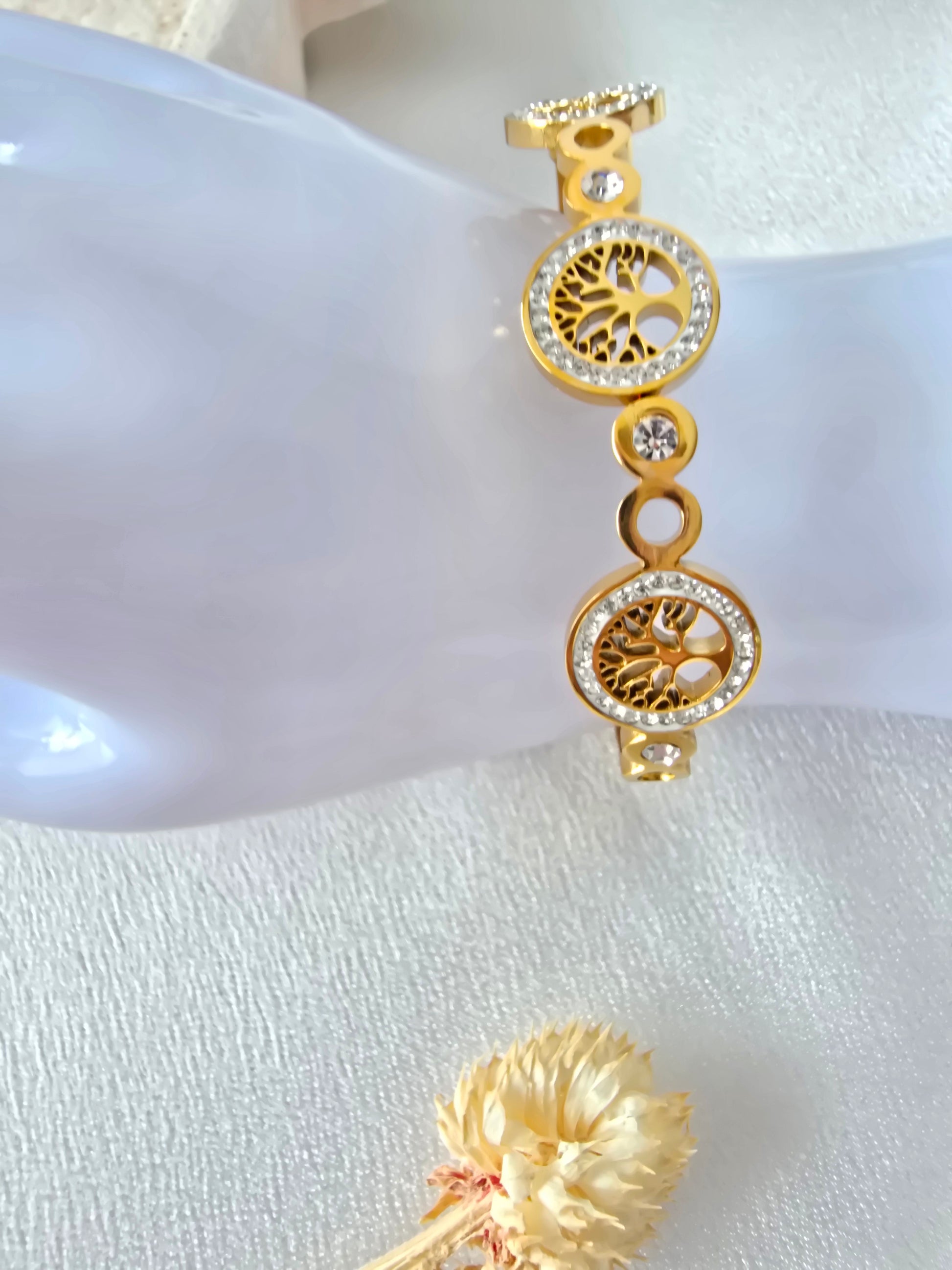 Jonc Line — 3 Arbres de Vie Sertis Strass • Acier Inoxydable Doré