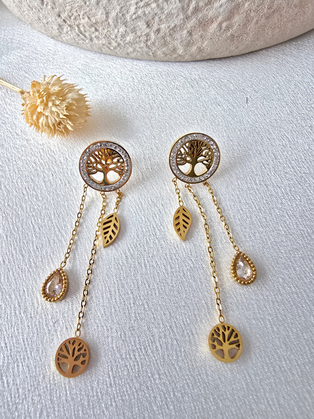 Boucles d'Oreilles Rosa — Arbre de Vie Doré & Pendentifs Cascade