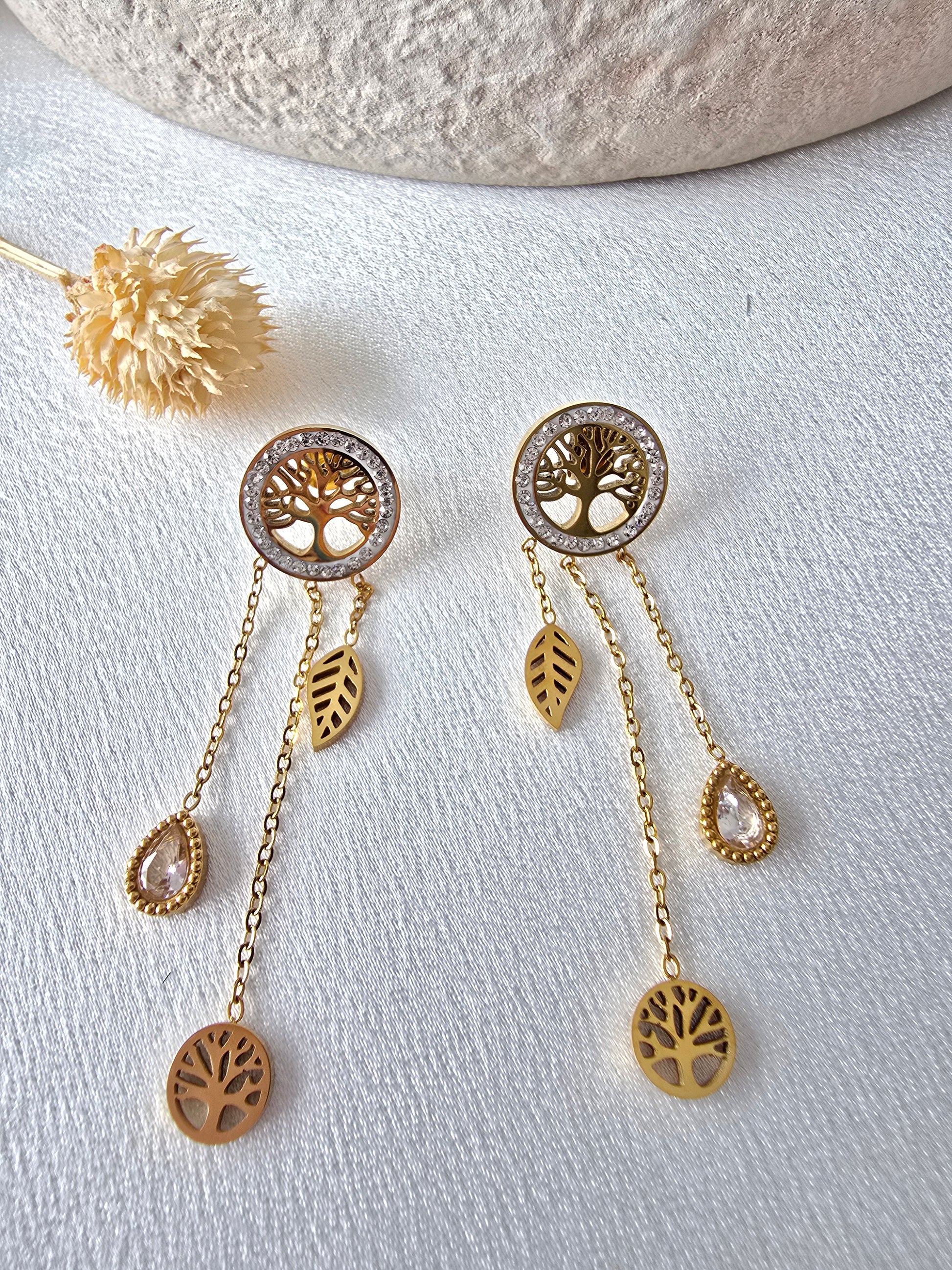 Boucles d'Oreilles Rosa — Arbre de Vie Doré & Pendentifs Cascade