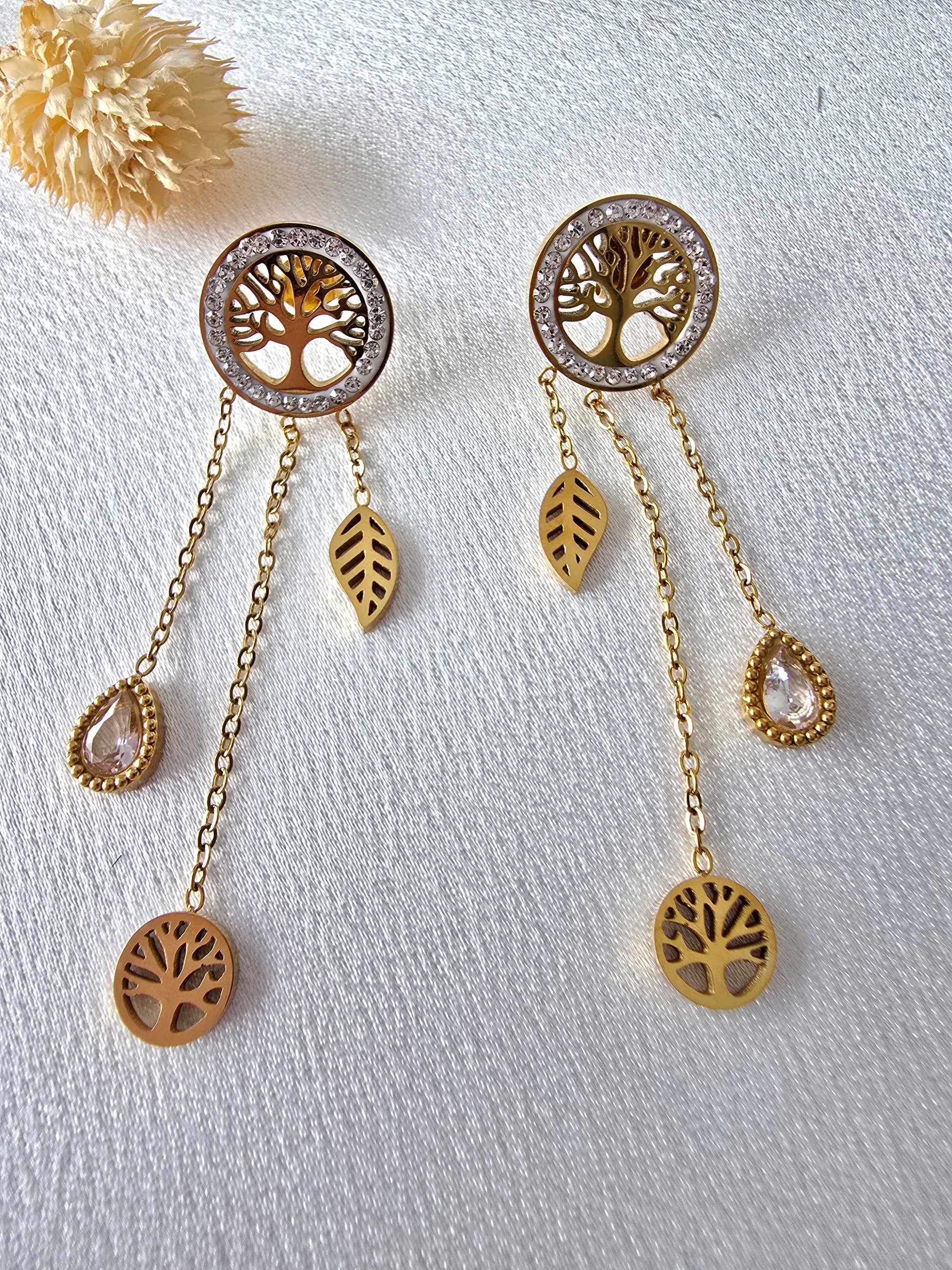 Boucles d'Oreilles Rosa — Arbre de Vie Doré & Pendentifs Cascade