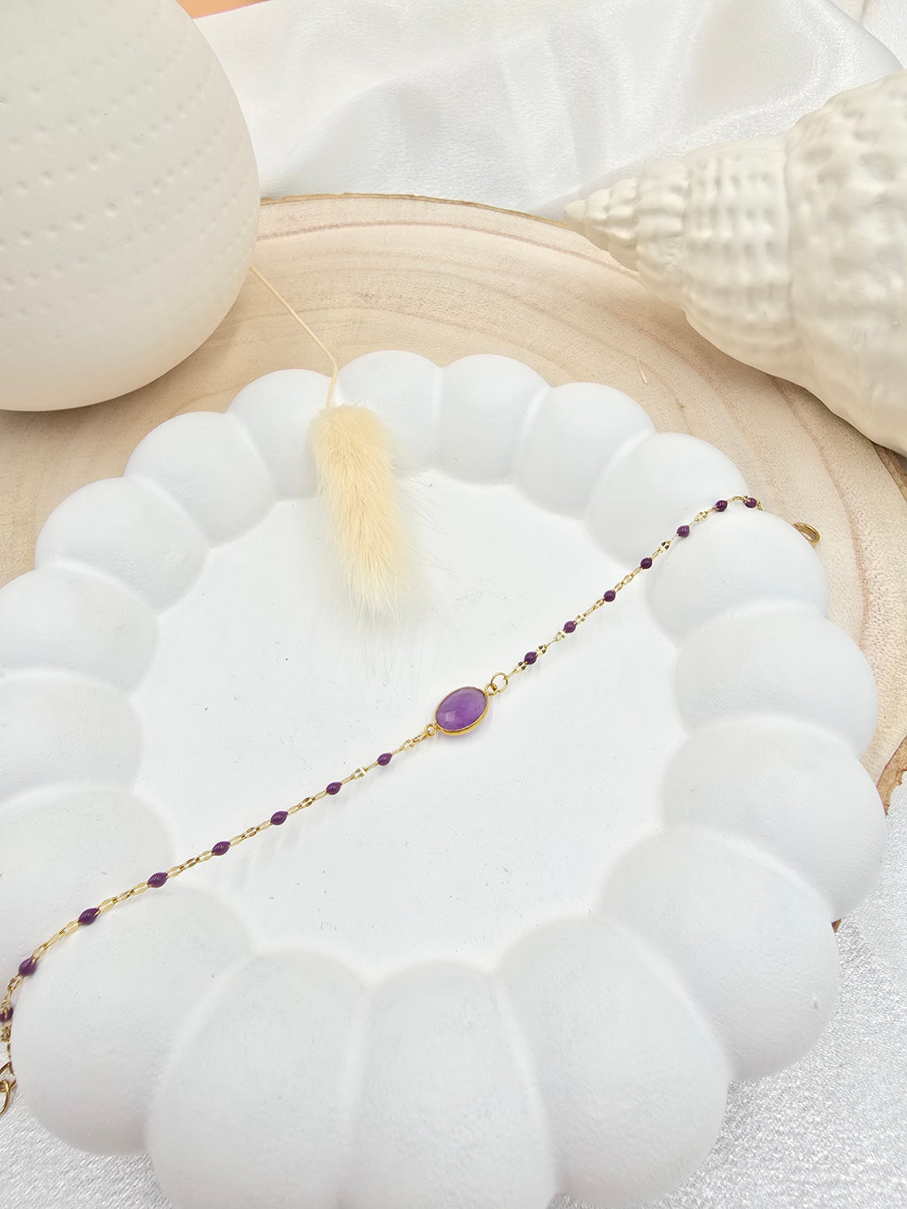Bracelet ESTELINE | Maille Émail & Pendentif Pierre Naturelle Ovale | Or et Âme Bijoux