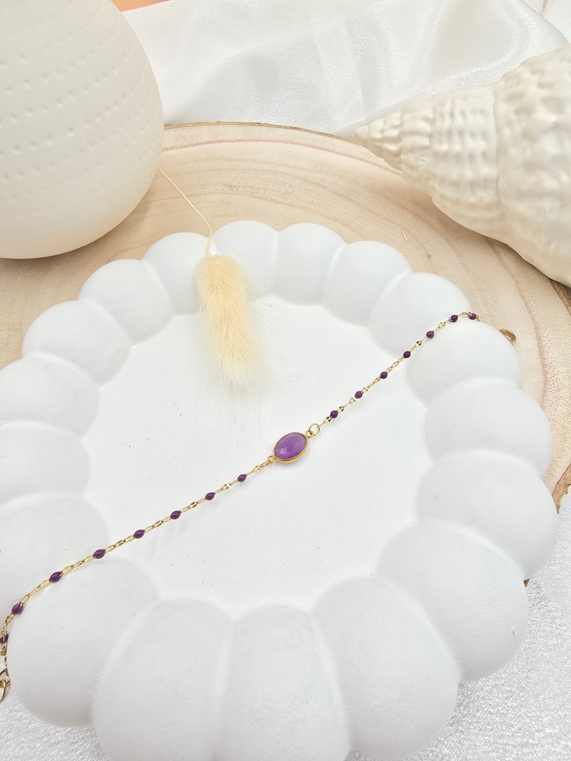Bracelet ESTELINE | Maille Émail & Pendentif Pierre Naturelle Ovale | Or et Âme Bijoux