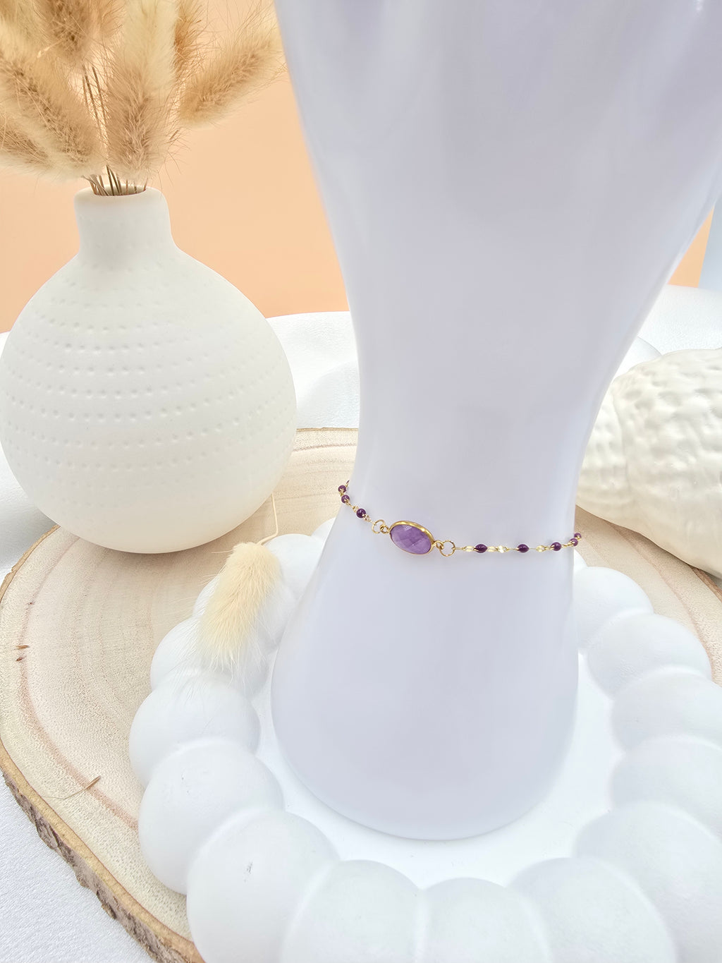 Bracelet ESTELINE | Maille Émail & Pendentif Pierre Naturelle Ovale | Or et Âme Bijoux