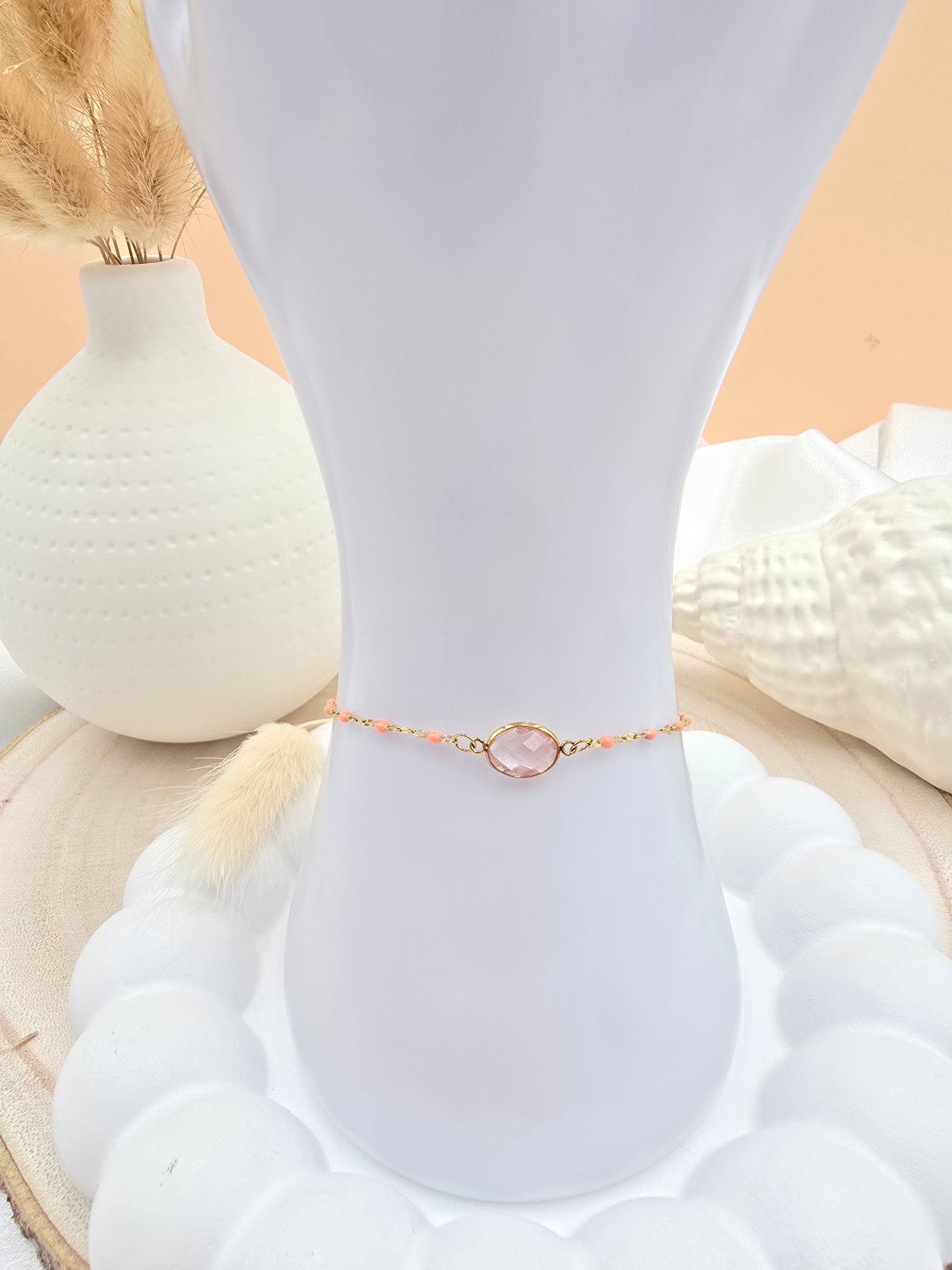Bracelet ESTELINE | Maille Émail & Pendentif Pierre Naturelle Ovale | Or et Âme Bijoux