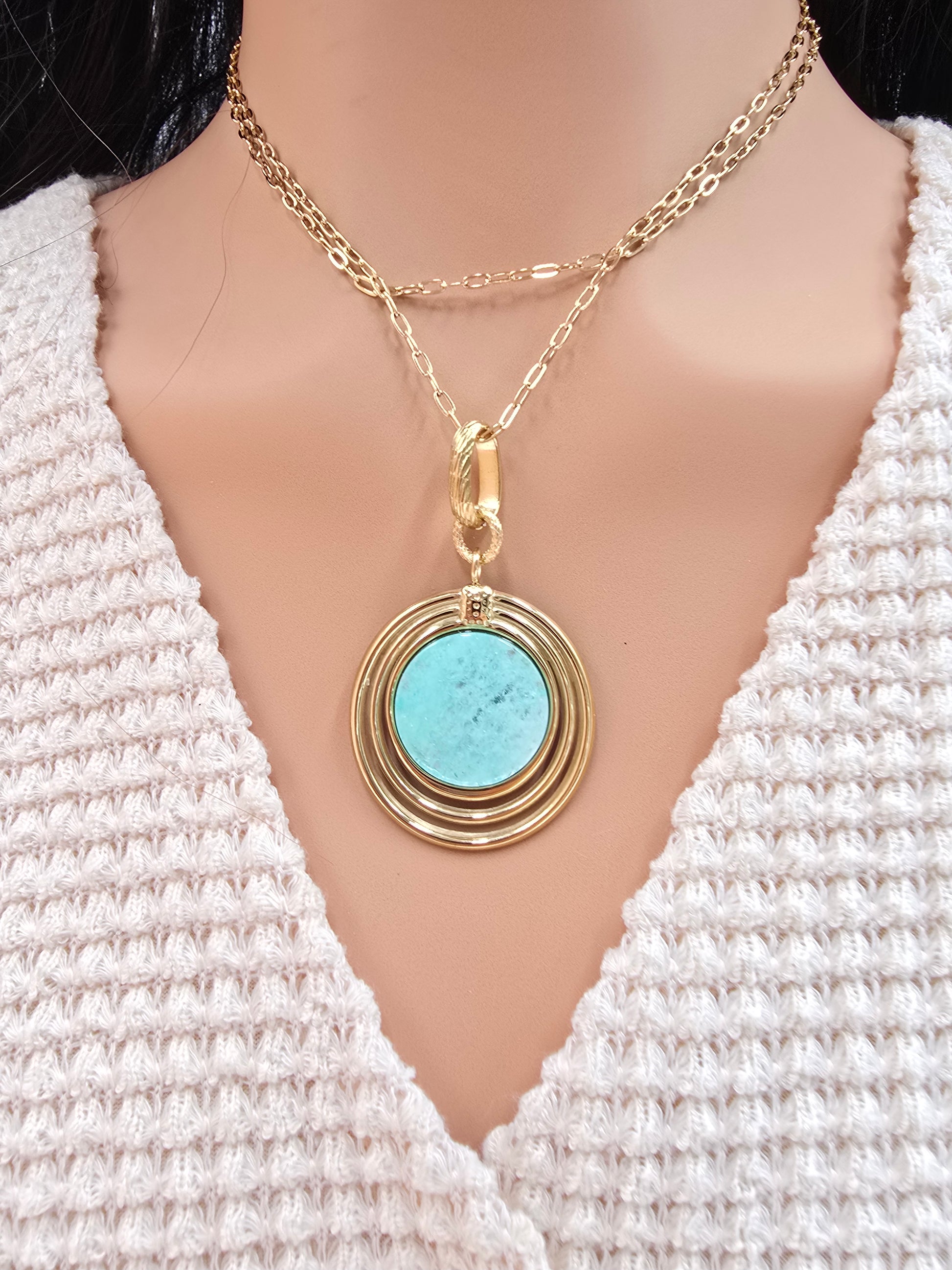 Sautoir ROSALINE Amazonite Médaillon 3 Anneaux Acier Inoxydable Doré | Or et Âme Bijoux