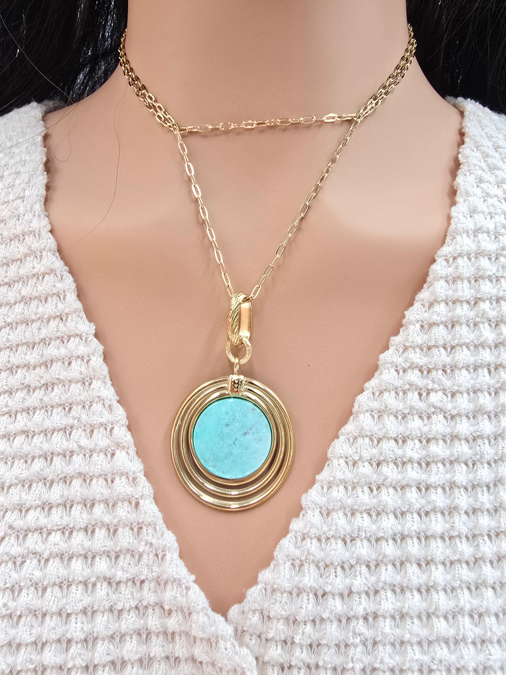 Sautoir ROSALINE Amazonite Médaillon 3 Anneaux Acier Inoxydable Doré | Or et Âme Bijoux