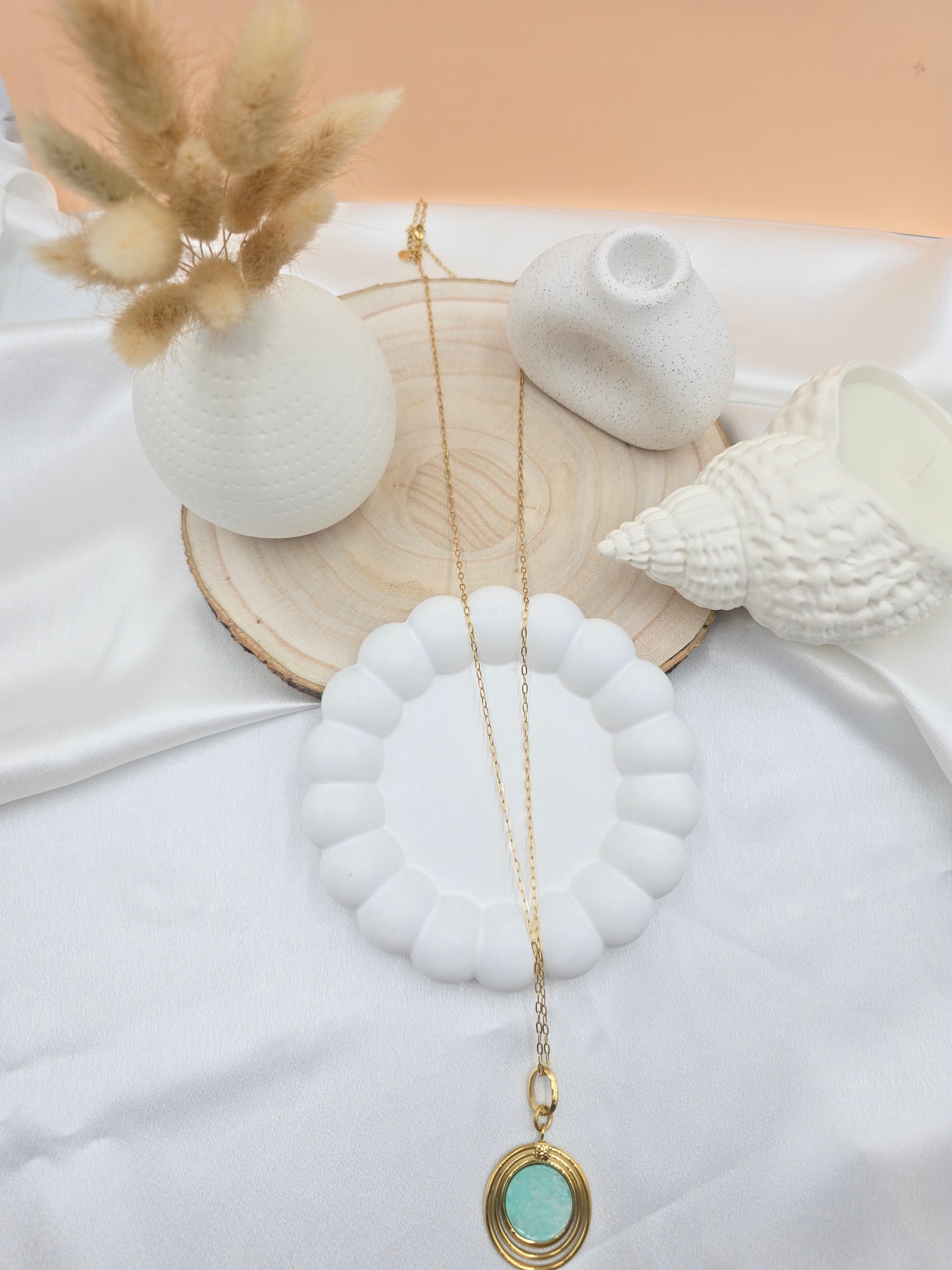 Sautoir ROSALINE Amazonite Médaillon 3 Anneaux Acier Inoxydable Doré | Or et Âme Bijoux