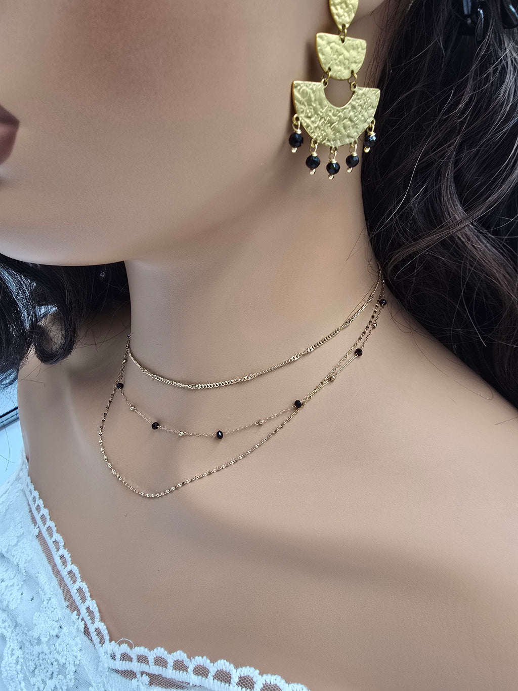 Collier Elya – 3 Rangs Dorés & Pâtes de Verre