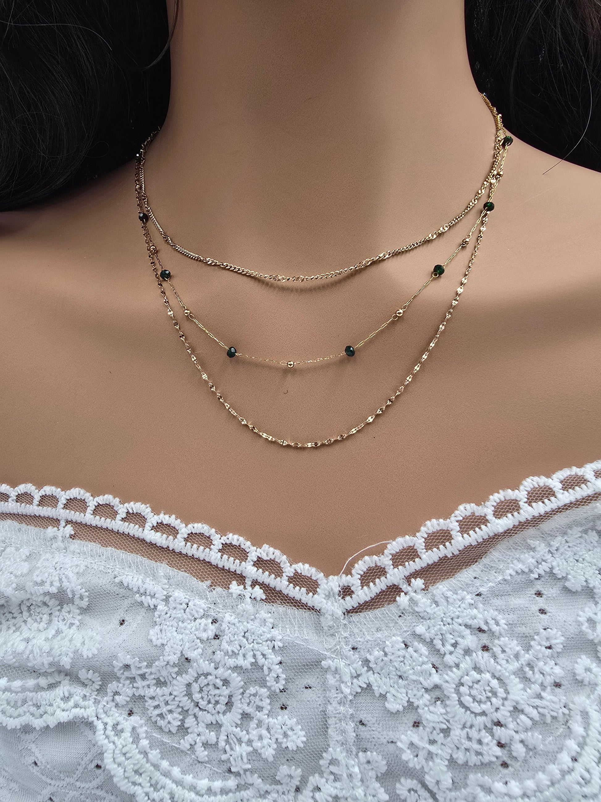 Collier Elya – 3 Rangs Dorés & Pâtes de Verre