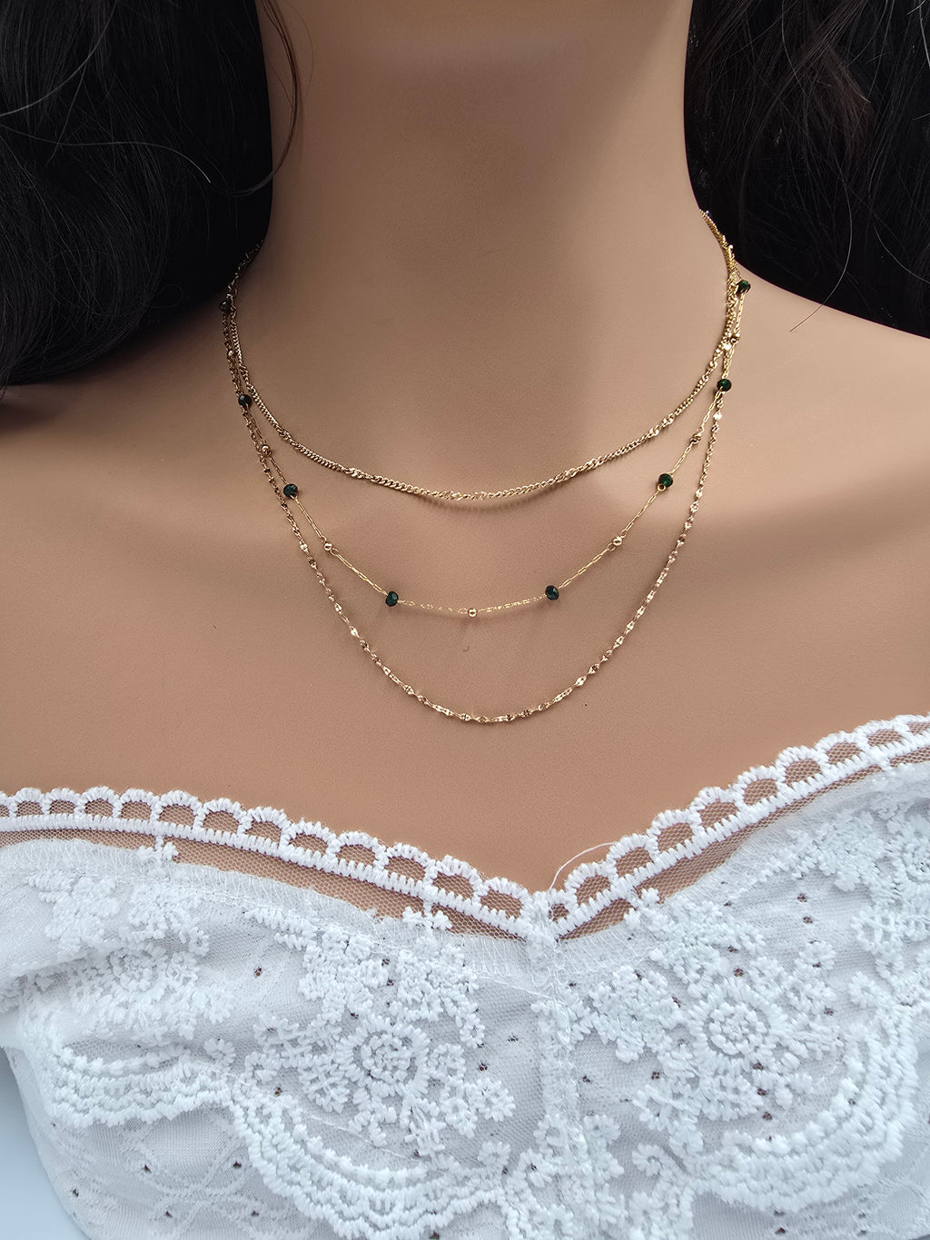 Collier Elya – 3 Rangs Dorés & Pâtes de Verre