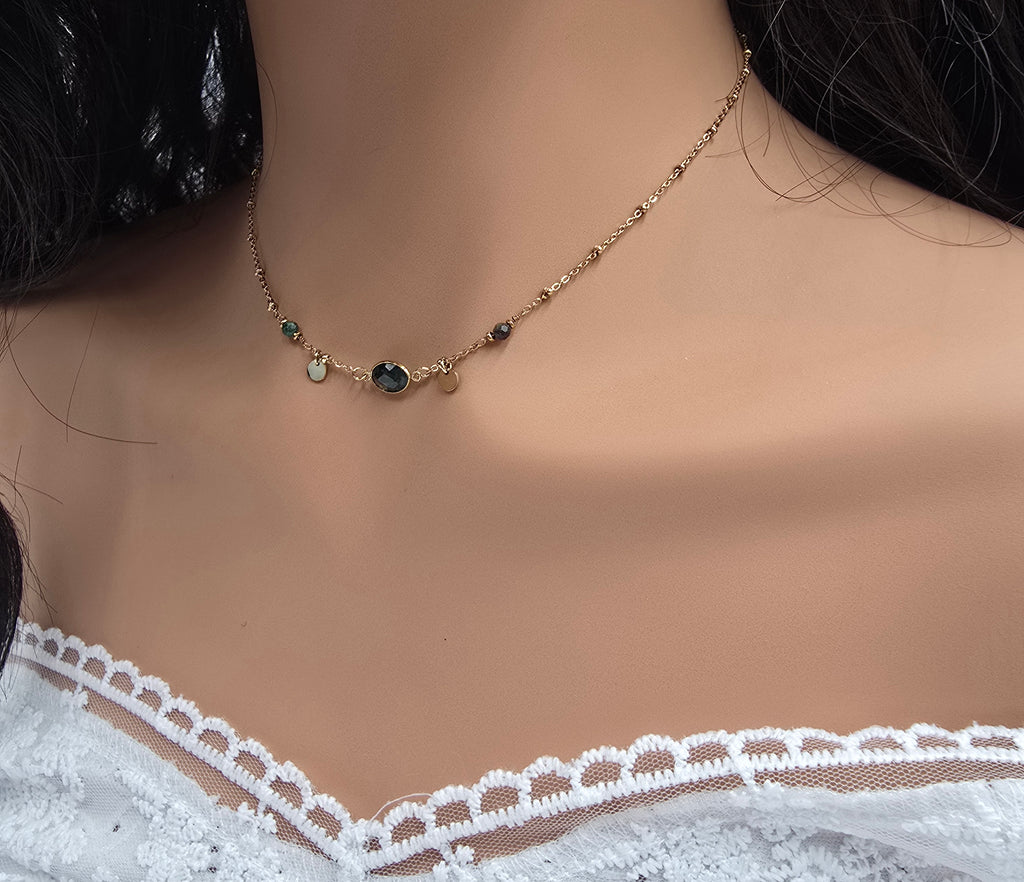 Collier Maurine – Pierre Naturelle & Sequins Dorés