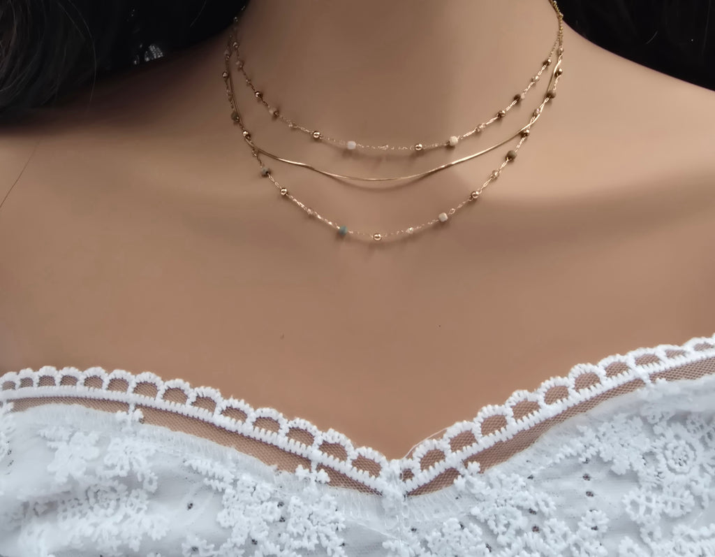 Collier Sophie – 3 Rangs Maille Serpent, Pierres Naturelles & Zirconium