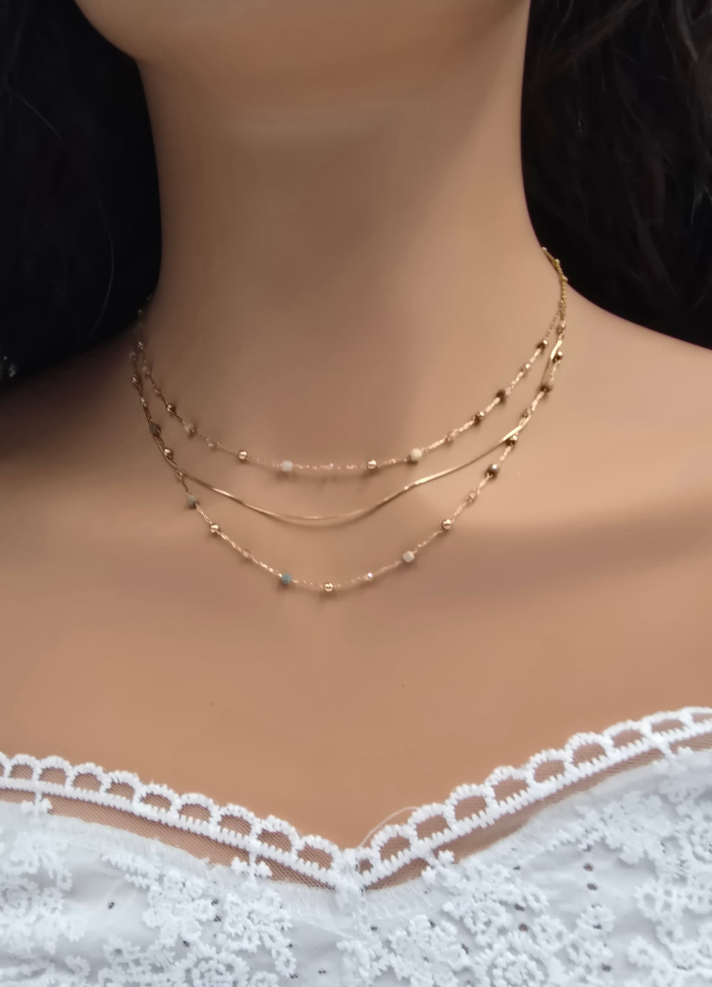 Collier Sophie – 3 Rangs Maille Serpent, Pierres Naturelles & Zirconium
