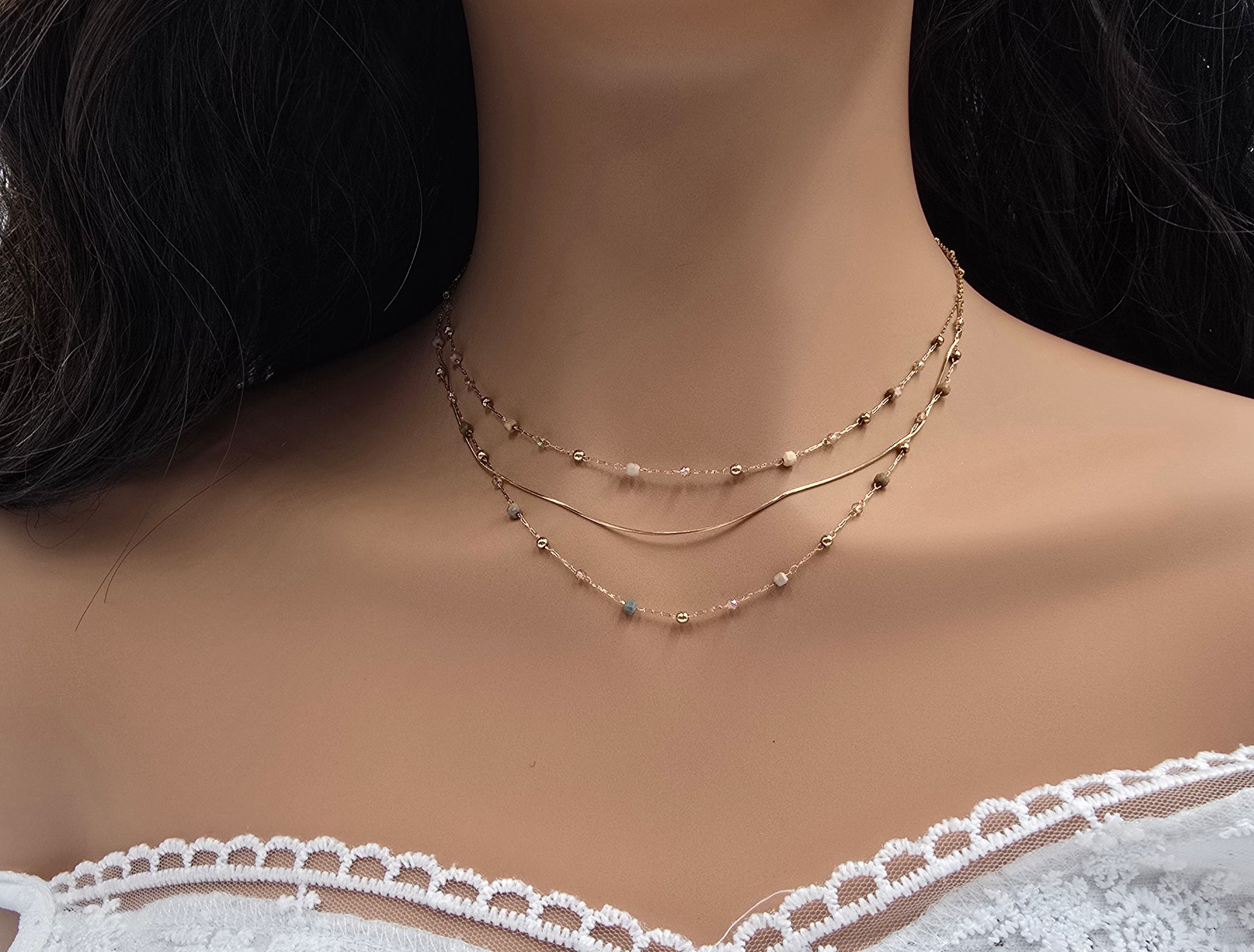 Collier Sophie – 3 Rangs Maille Serpent, Pierres Naturelles & Zirconium