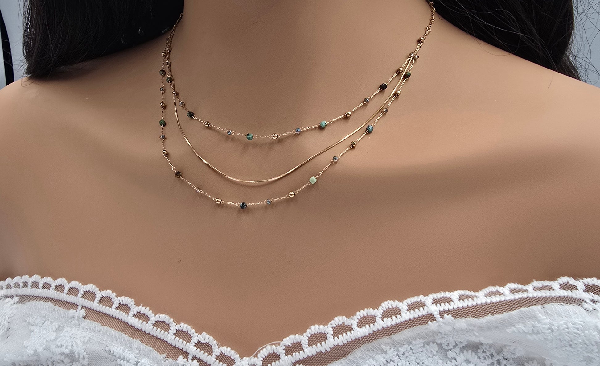Collier Sophie – 3 Rangs Maille Serpent, Pierres Naturelles & Zirconium