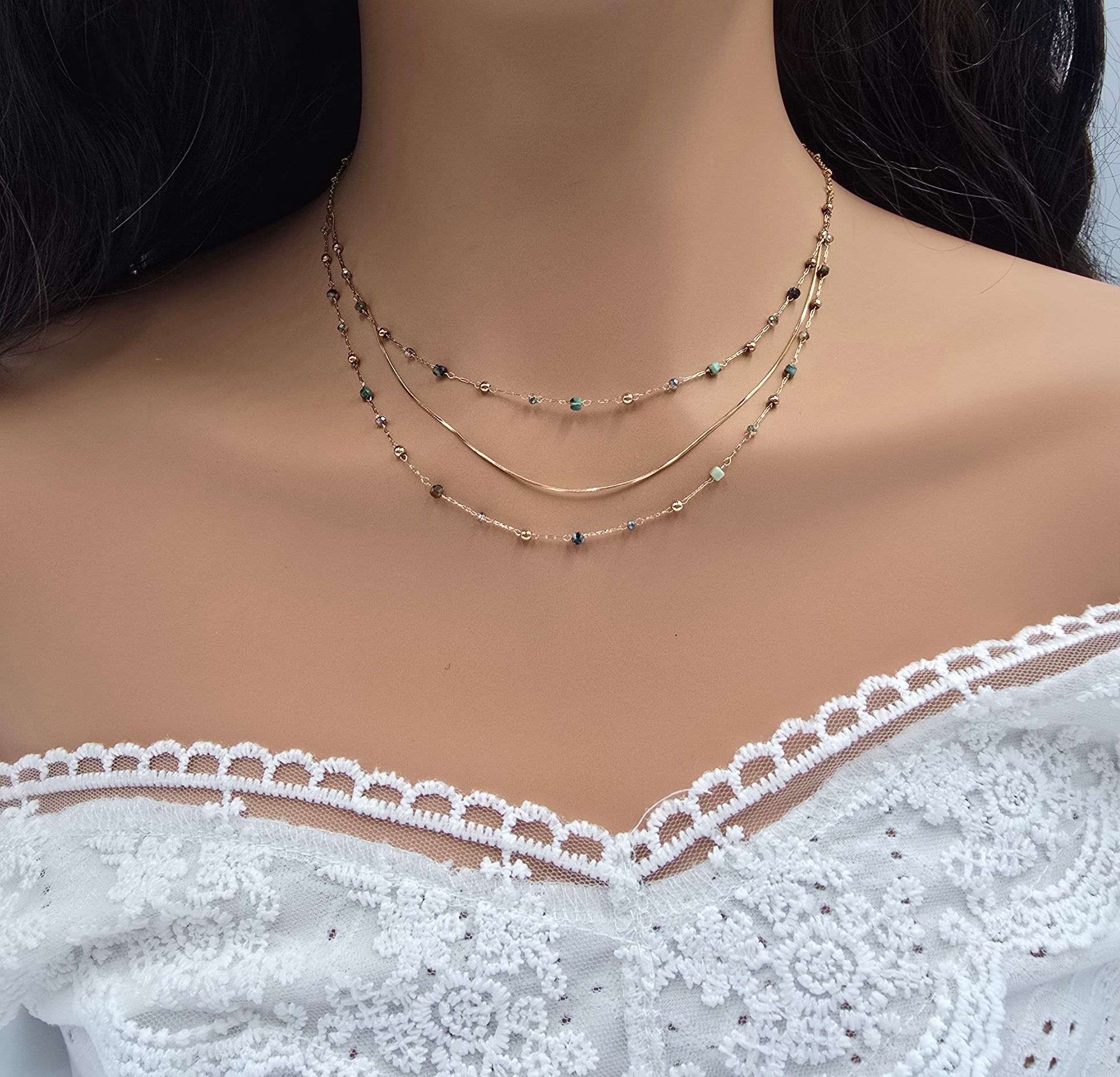Collier Sophie – 3 Rangs Maille Serpent, Pierres Naturelles & Zirconium