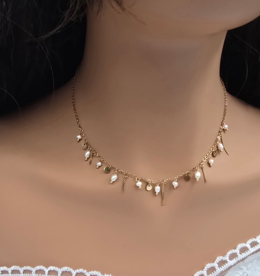 Collier Aline – Perles d'Eau Douce & Pampilles Dorées