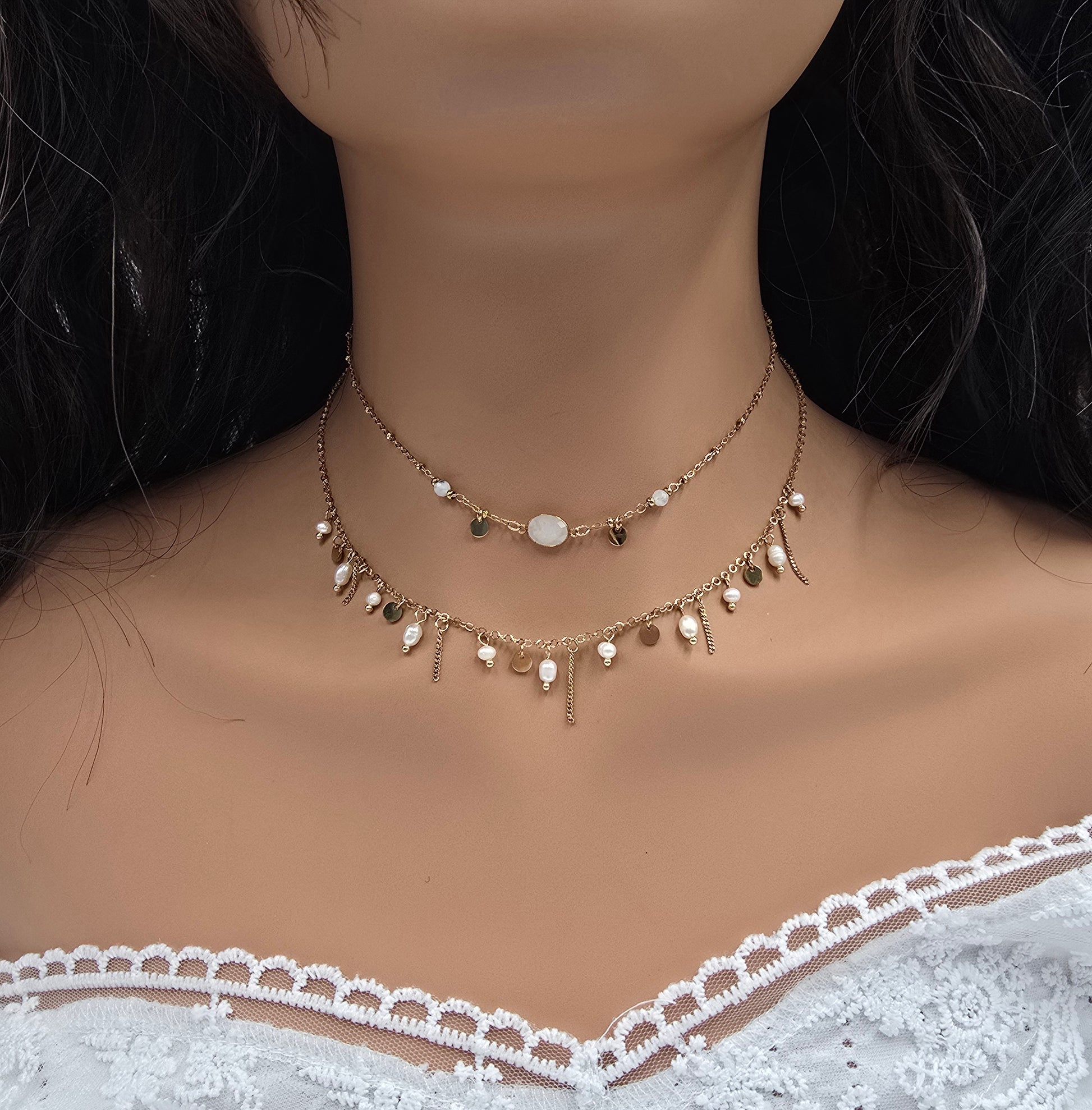 Collier Aline – Perles d'Eau Douce & Pampilles Dorées