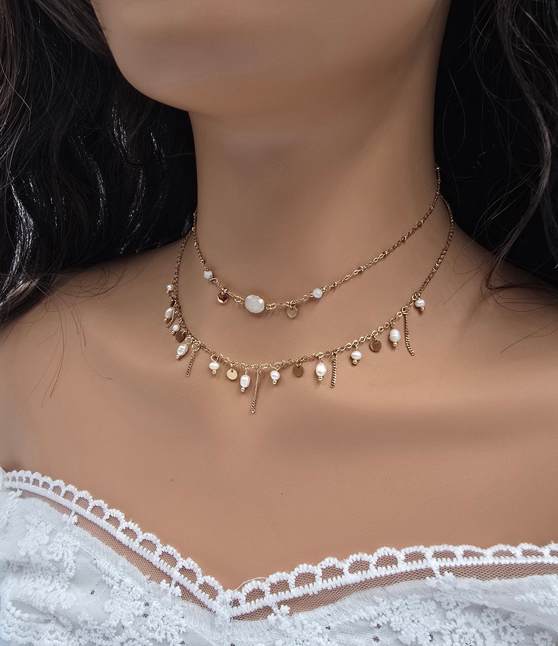 Collier Aline – Perles d'Eau Douce & Pampilles Dorées