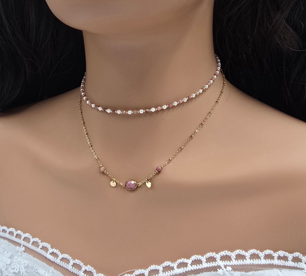 Collier Maurine – Pierre Naturelle & Sequins Dorés