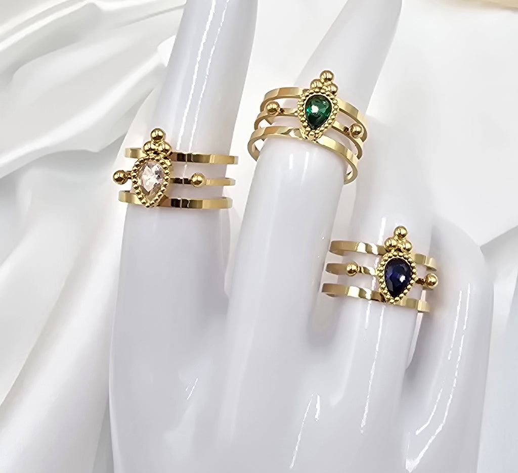 Bague Milan – Triple Anneau Doré & Cristal Goutte