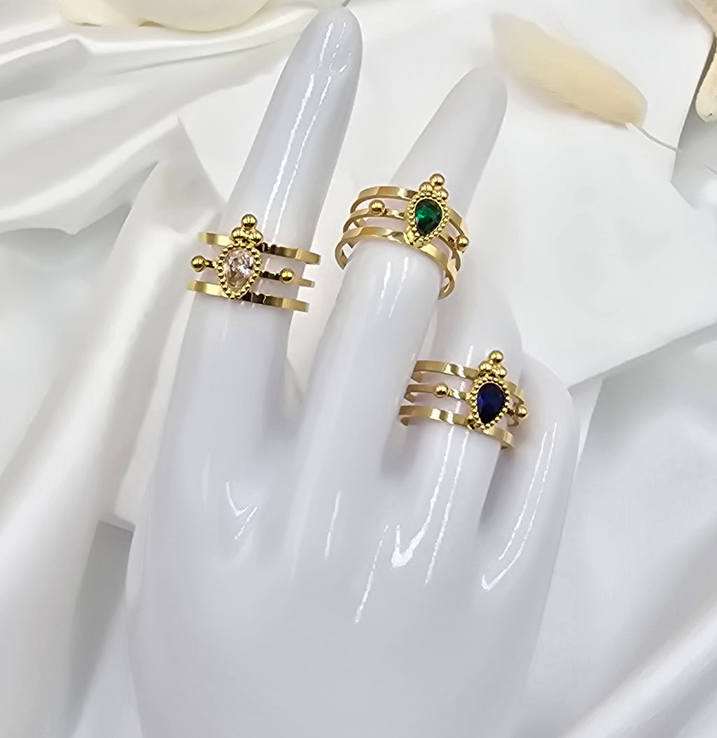 Bague Milan – Triple Anneau Doré & Cristal Goutte